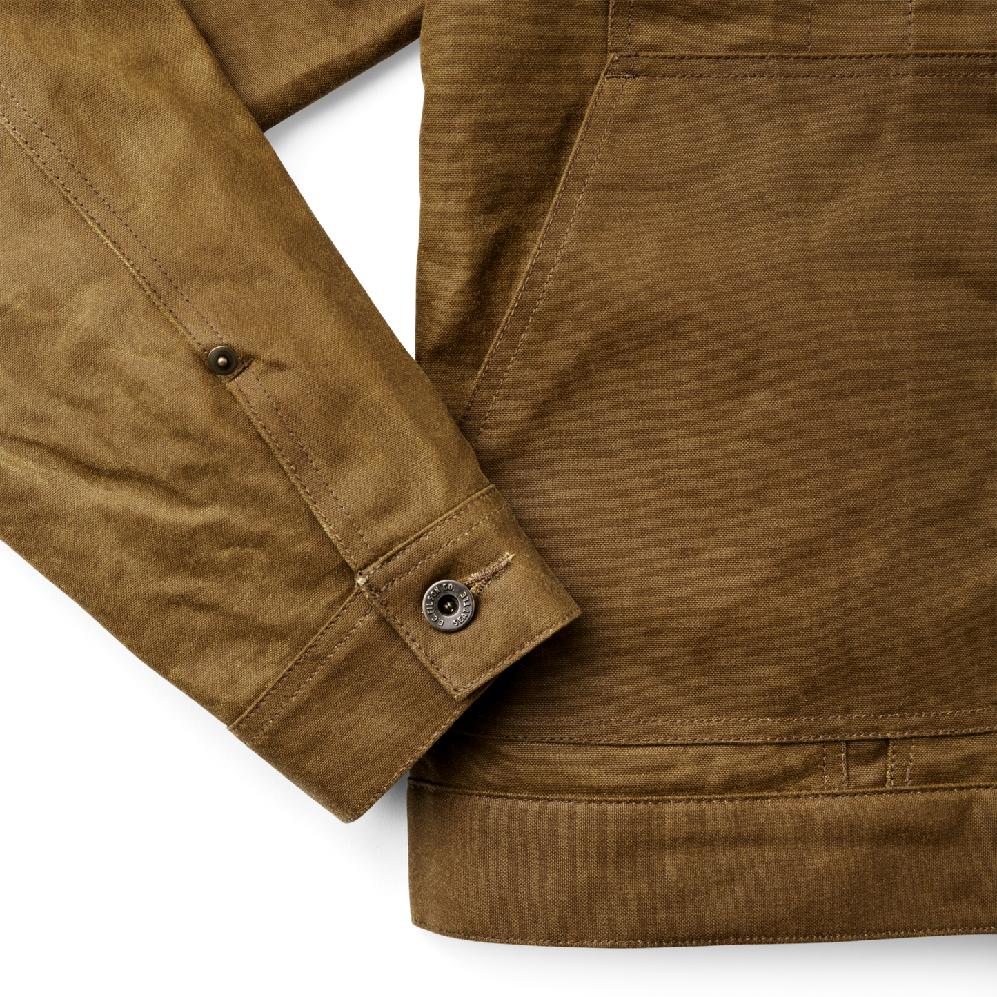 Alternate view of the Filson Tin Cloth Short Lined Cruiser Jacket - Dark Tan|Hand, slotted-utility and flapped chest pockets