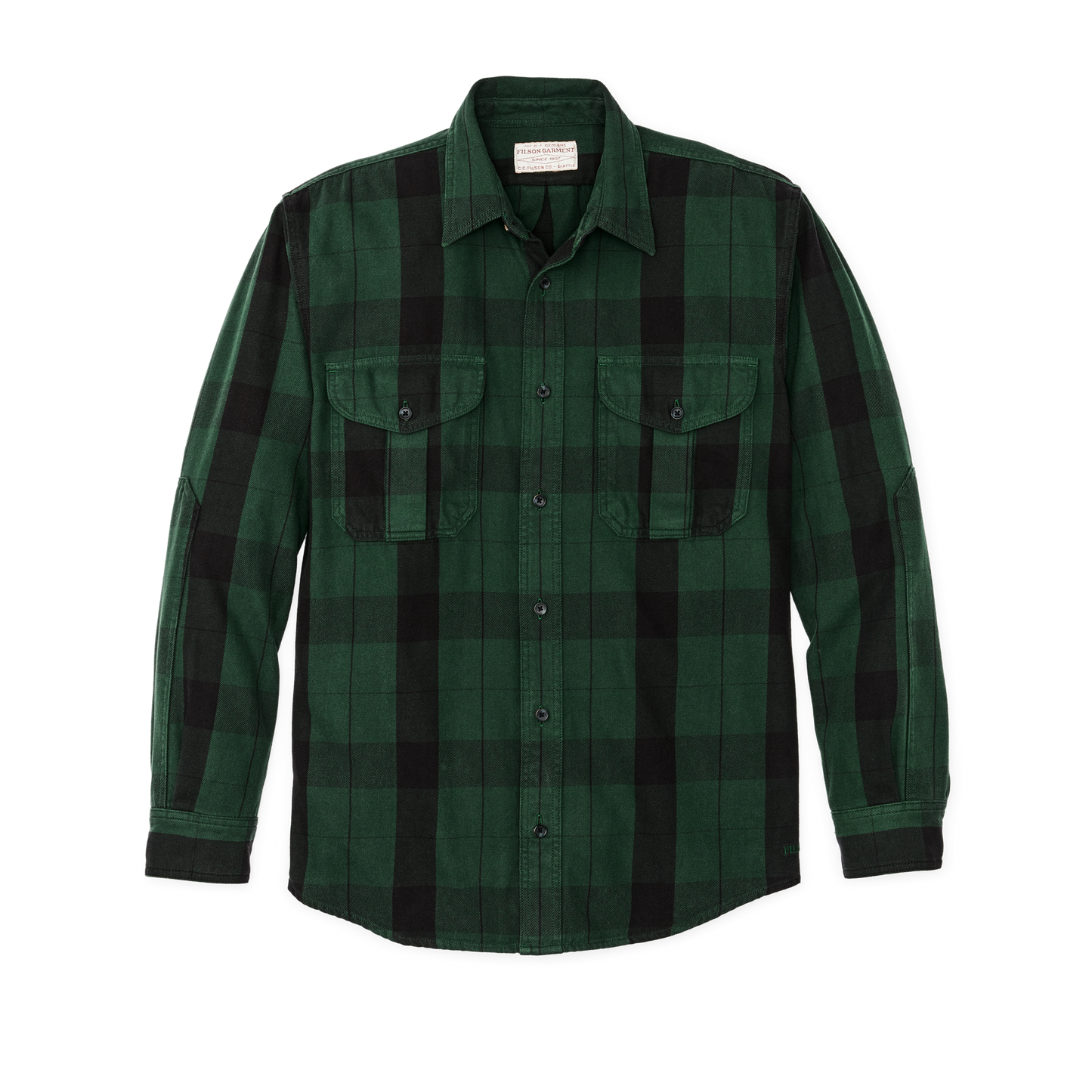 Front-facing image of the Filson Vintage Wash Alaskan Guide Shirt - Forest Green / Black