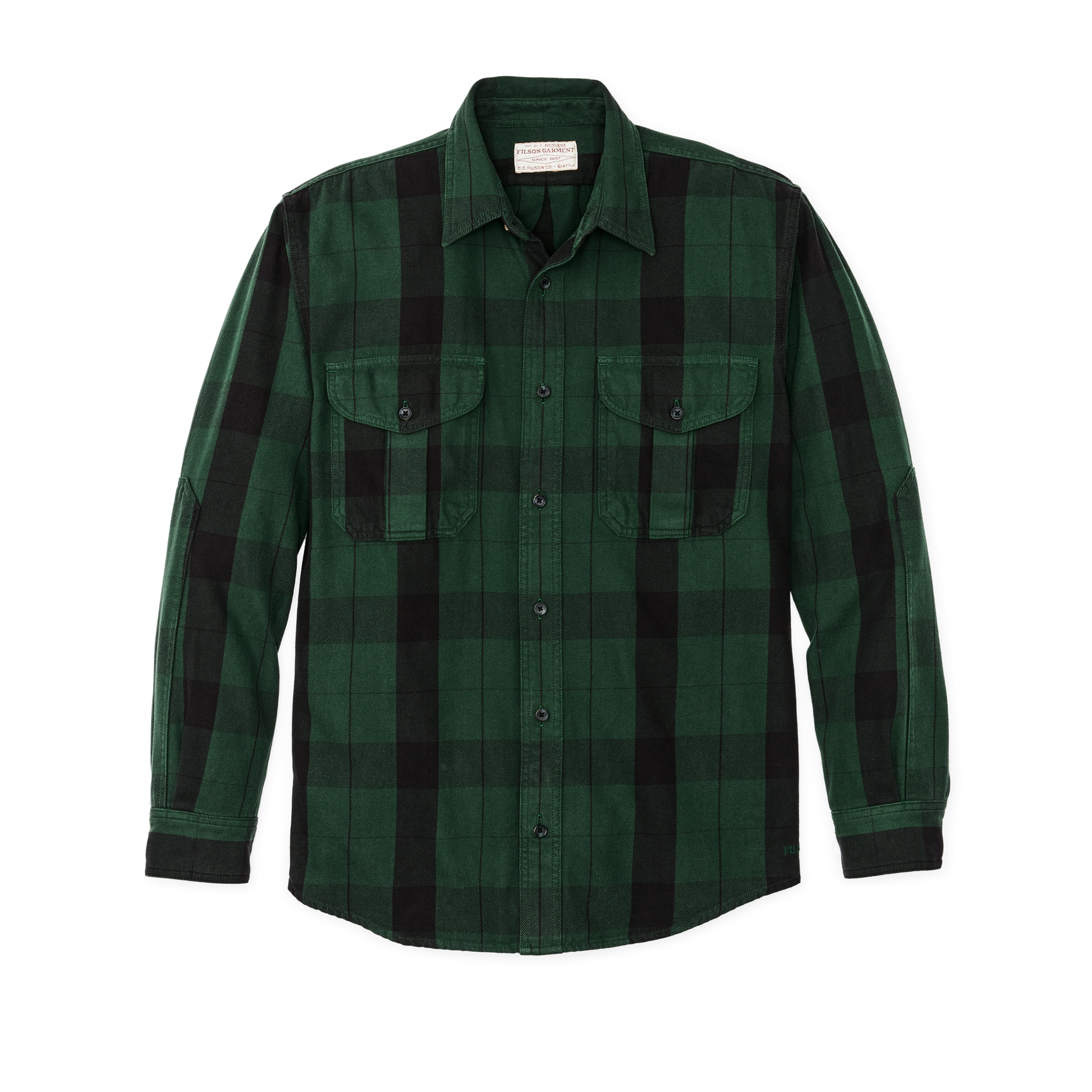 Front-facing image of the Filson Vintage Wash Alaskan Guide Shirt - Forest Green / Black