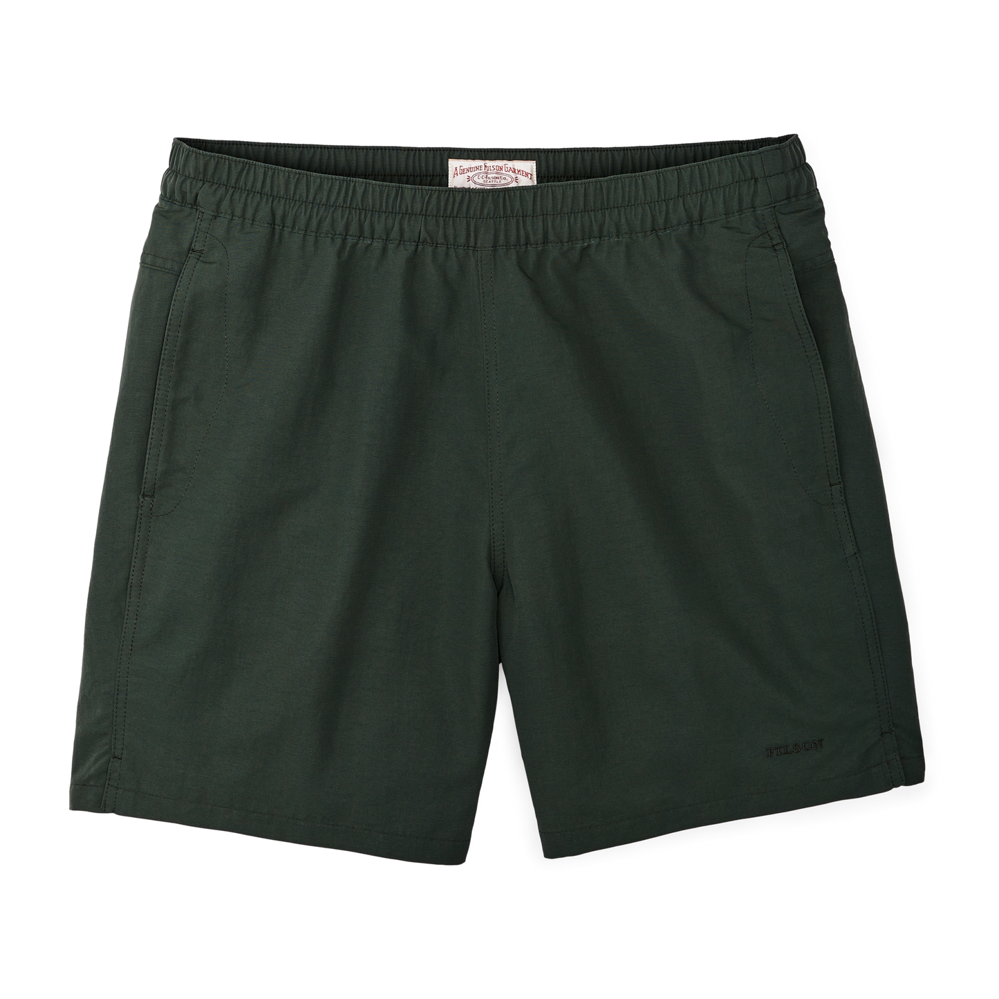 Front-facing image of the Filson Cooper Lake Trunks  - Dark Spruce