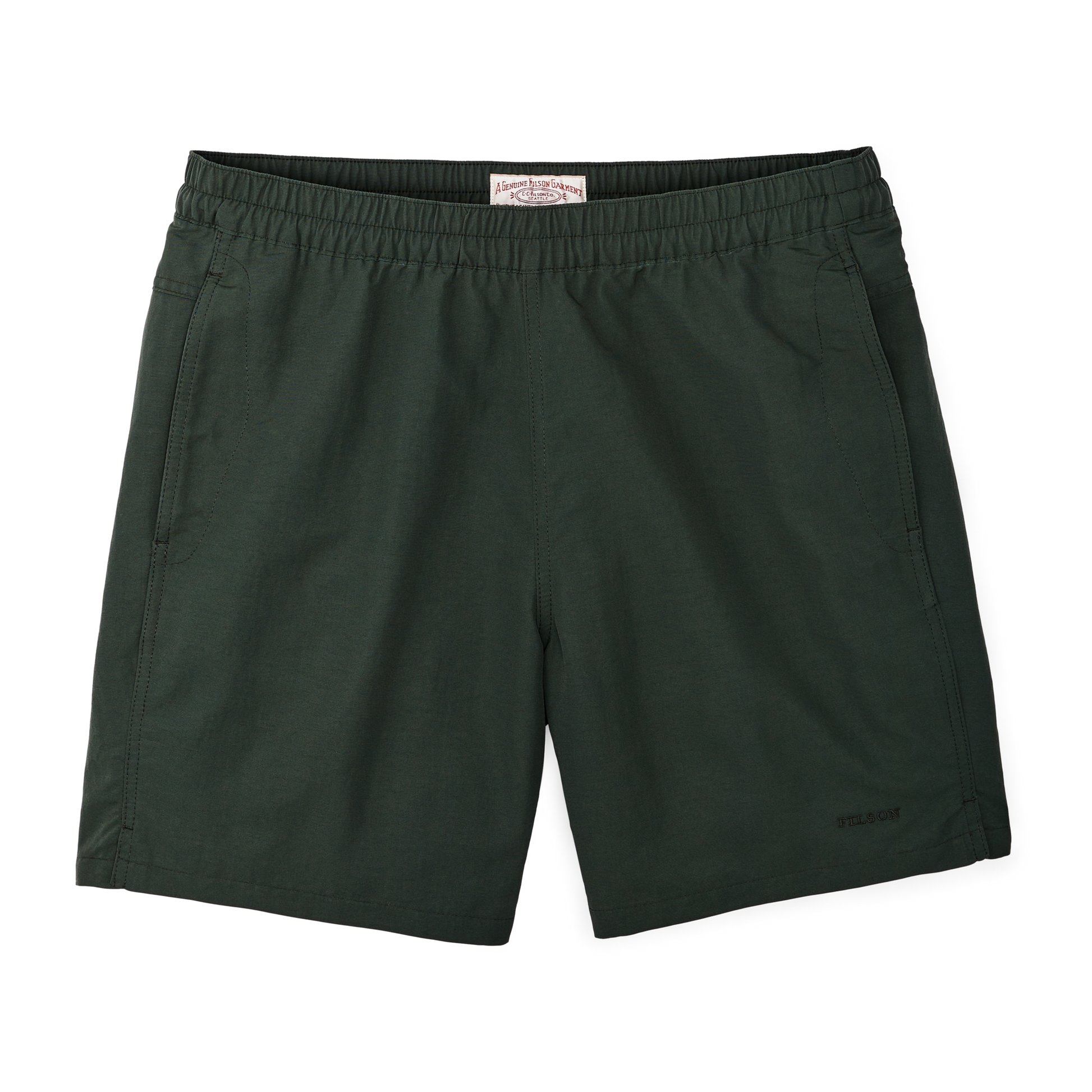 Front-facing image of the Filson Cooper Lake Trunks  - Dark Spruce