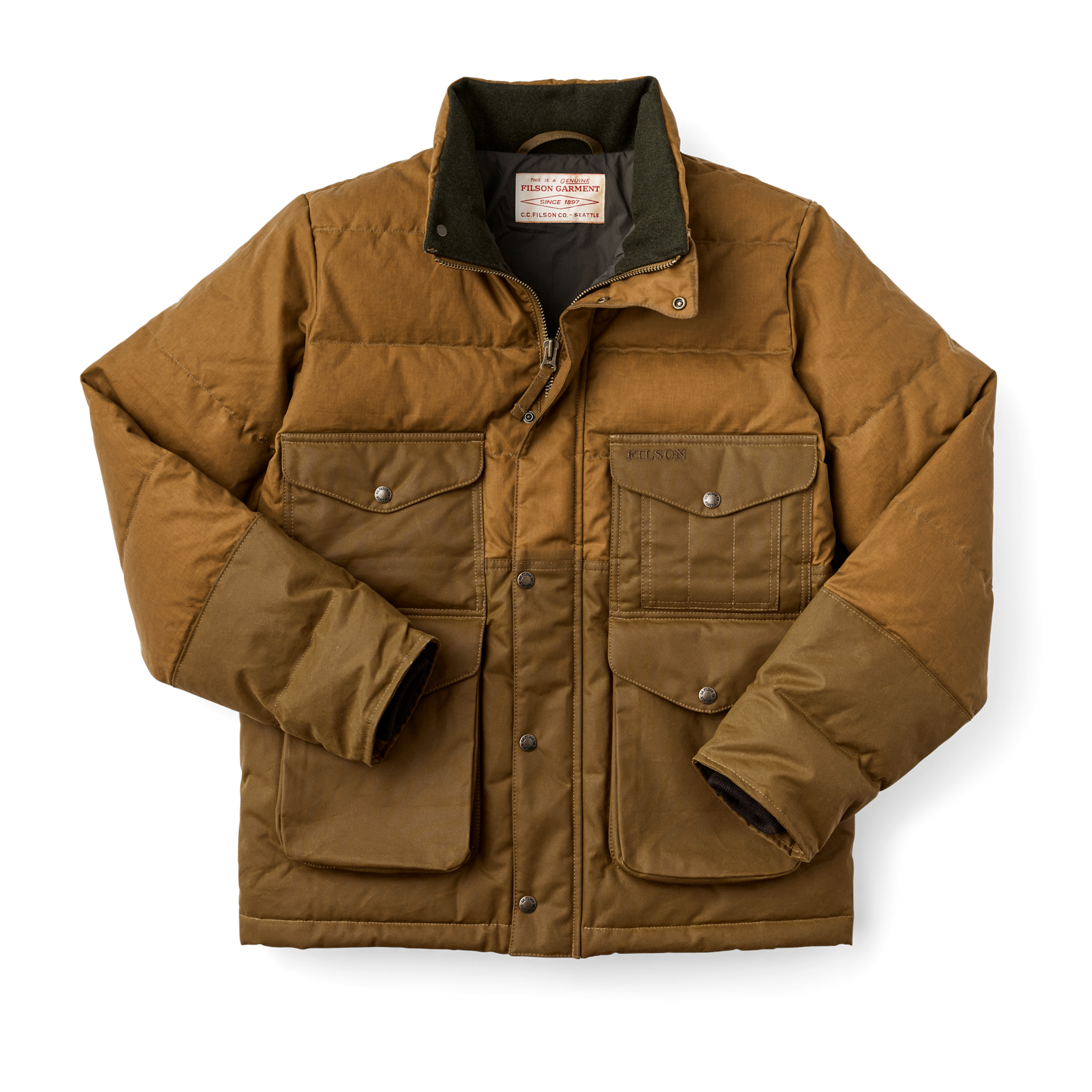 Front-facing image of the Filson Down Cruiser Jacket - Dark Tan