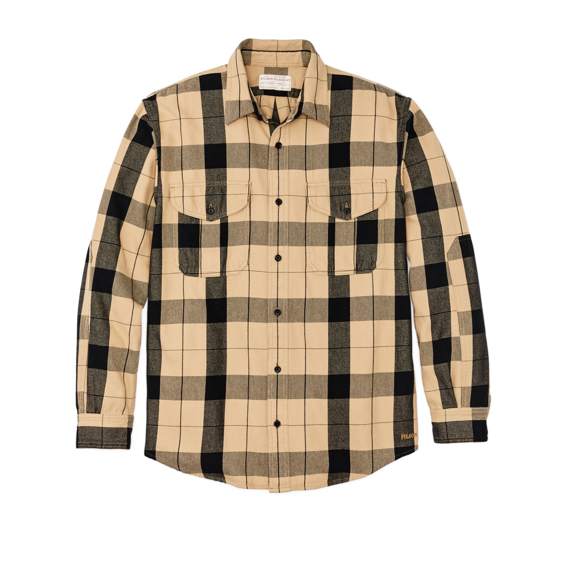 Front-facing image of the Filson Vintage Wash Alaskan Guide Shirt - Tan / Black Plaid