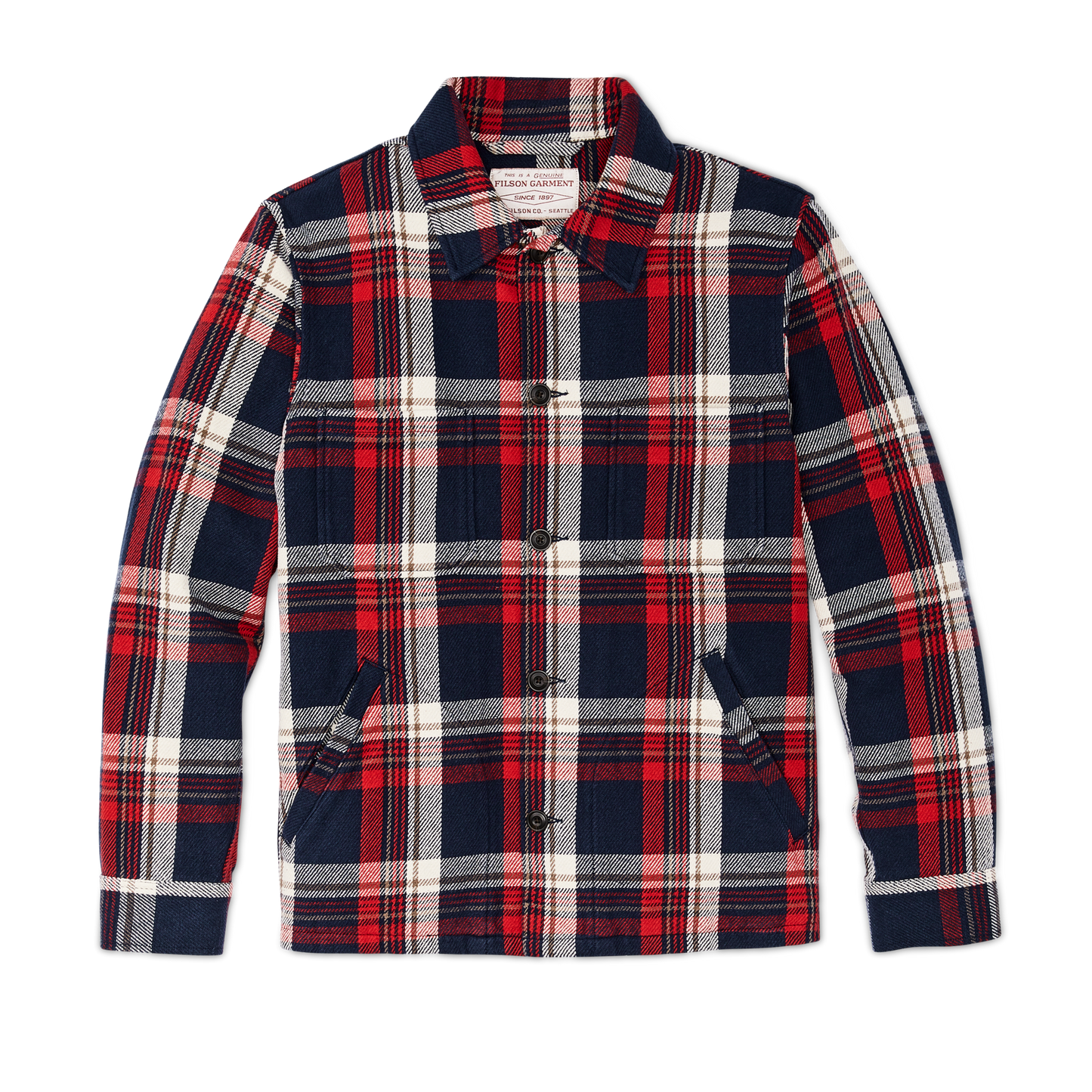 Front-facing image of the Filson Deer Island Ranch Coat - Navy Red Multi Plaid