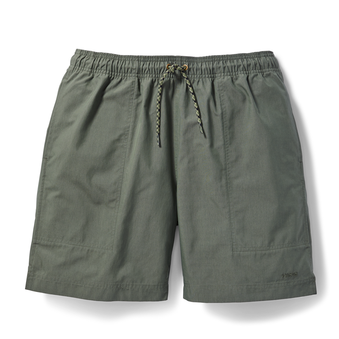 Front-facing image of the Filson Green River Water Shorts - Service Green