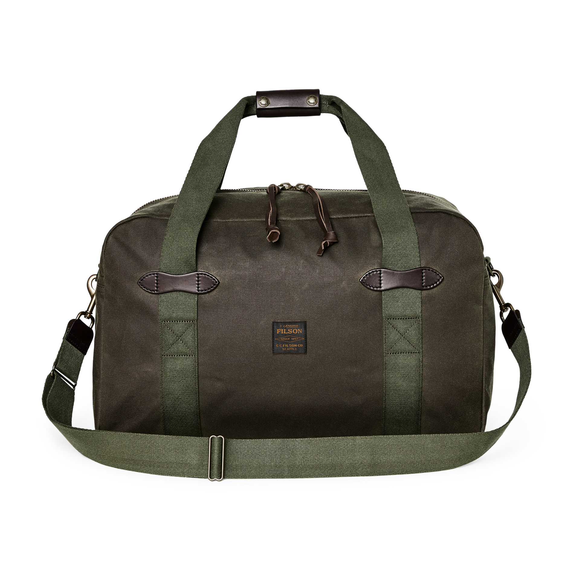 Front-facing image of the Filson Medium Tin Cloth Duffle Bag - Otter Green