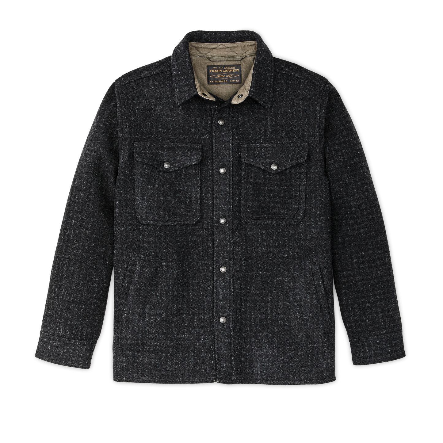 Front-facing image of the Filson Lined Mackinaw Wool Jac Shirt - Black Marl / Heather Check