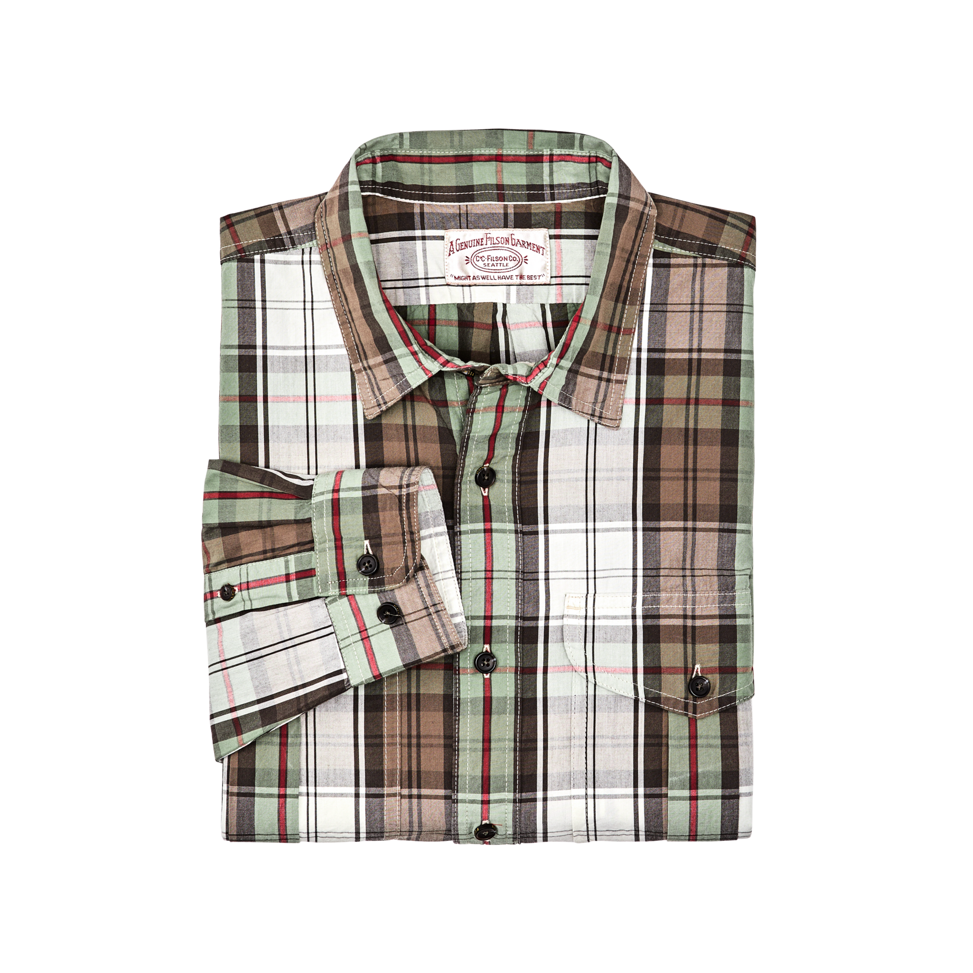 Alternate view of the Filson Filson's Washed Feather Cloth Shirt - Sage / Olive Plaid