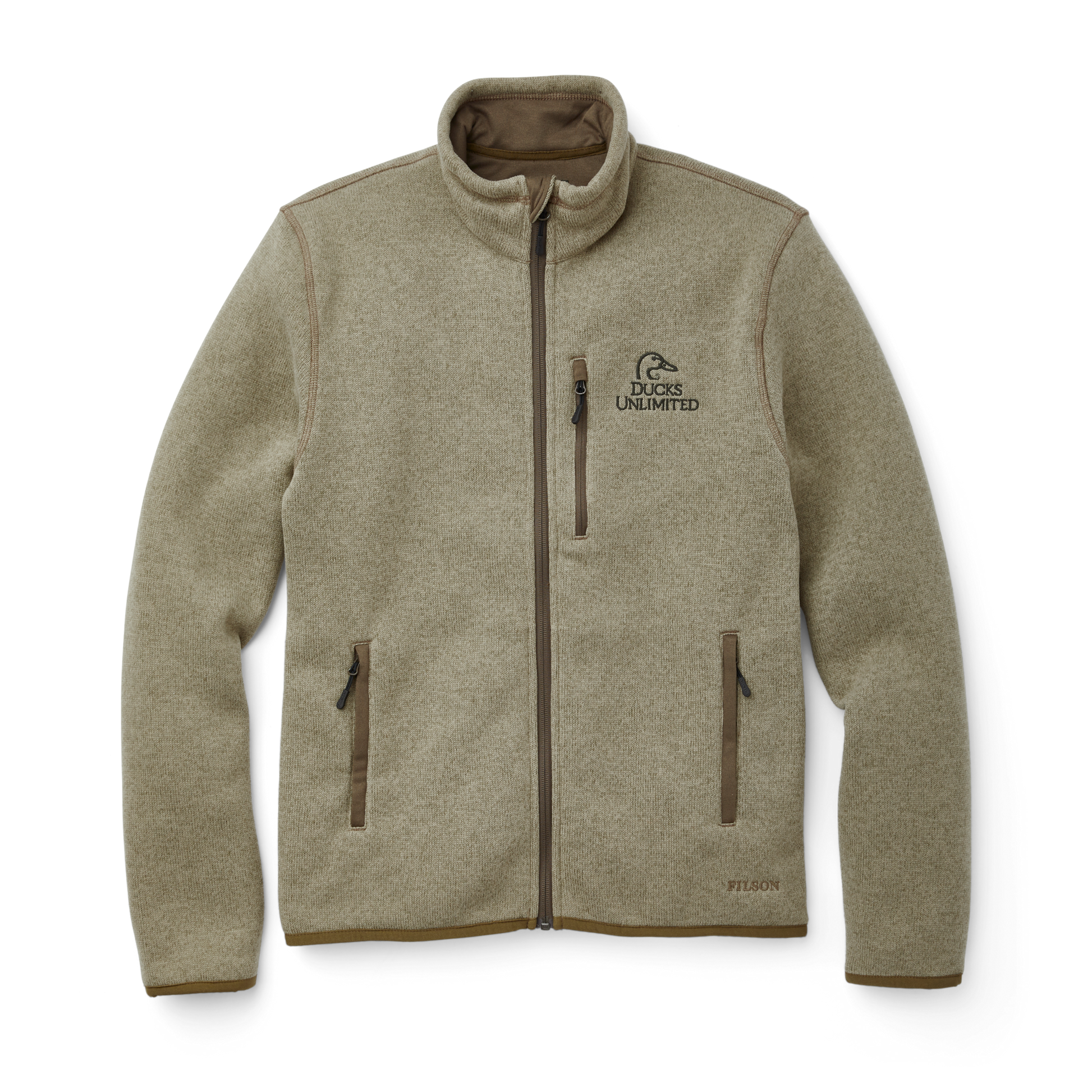 Front-facing image of the Filson Ducks Unlimited Ridgeway Fleece Jacket - Vintage Olive