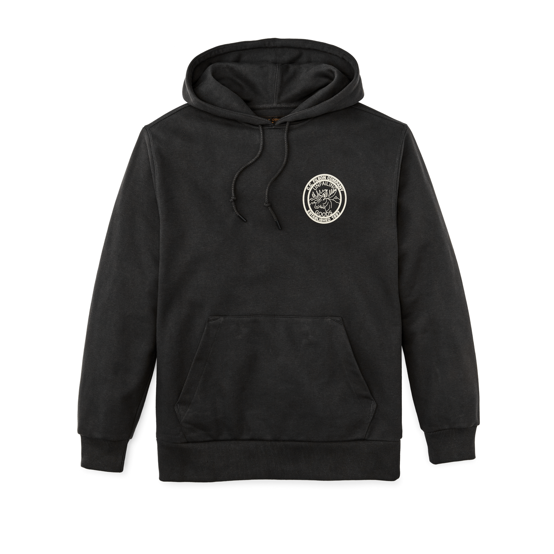 Front-facing image of the Filson Prospector Graphic Hoodie - Faded Black / Moose