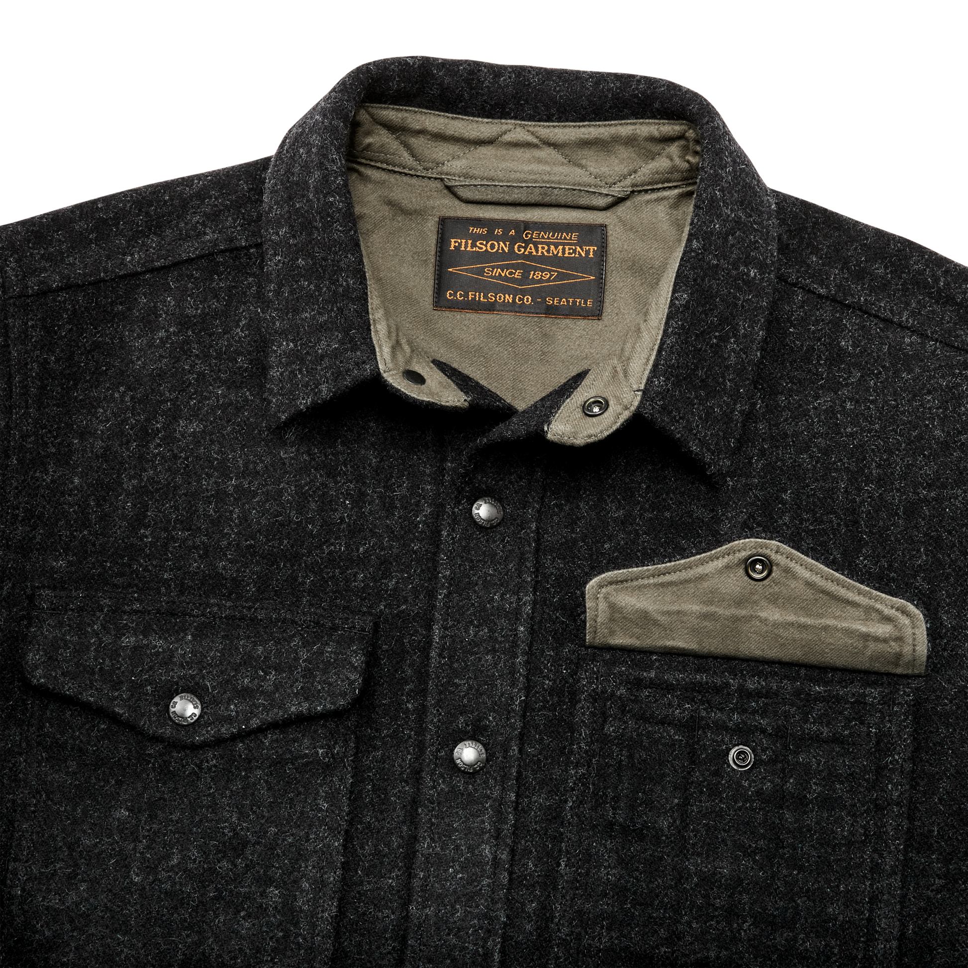 Alternate view of the Filson Lined Mackinaw Wool Jac Shirt - Black Marl / Heather Check