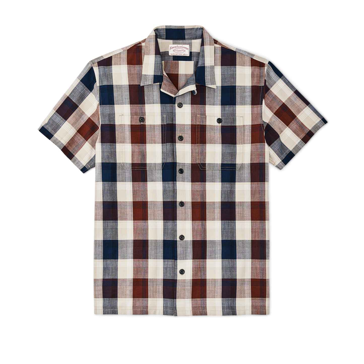 Front-facing image of the Filson Rustic Short Sleeve Camp Shirt - Heartwood / Navy / Stone Plaid