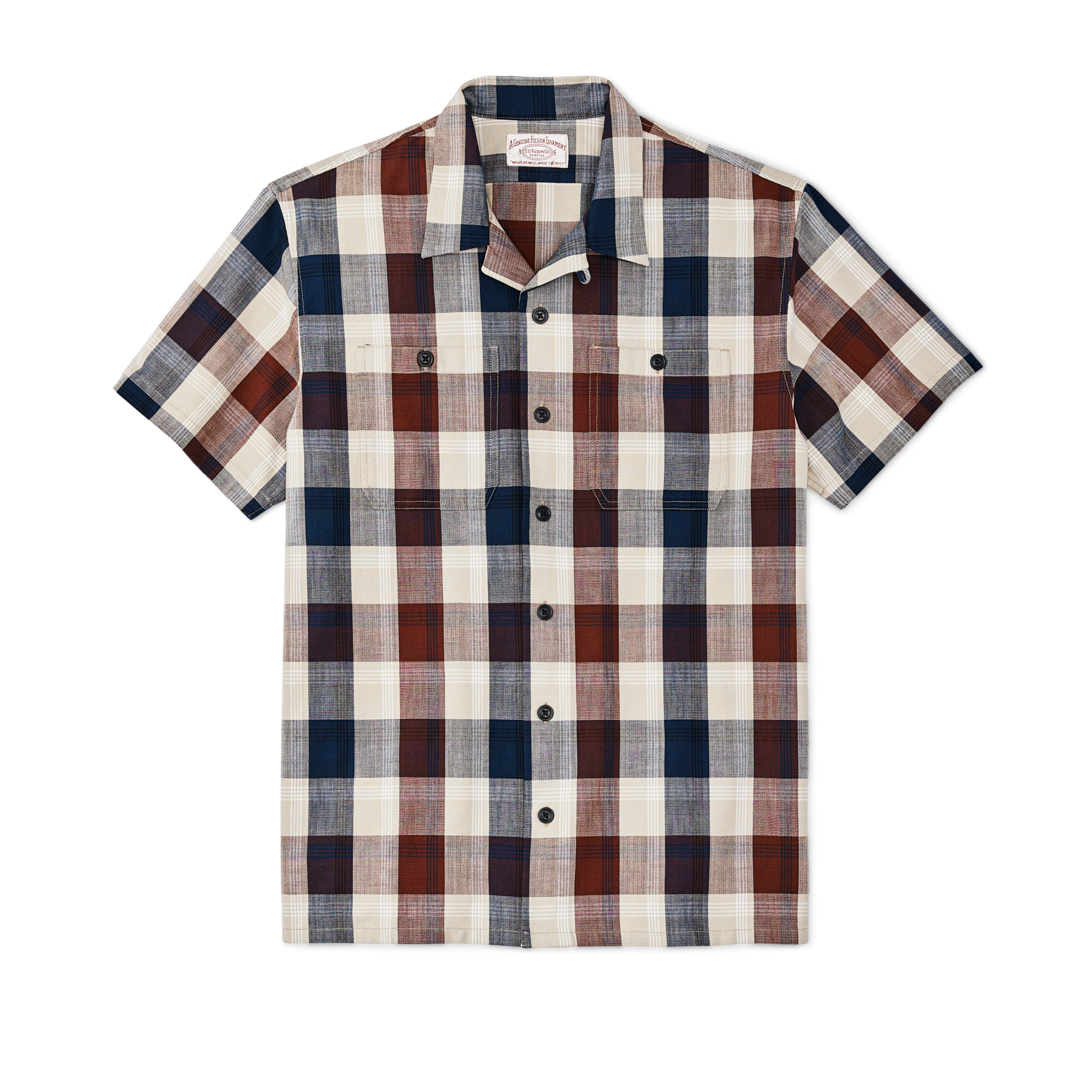 Front-facing image of the Filson Rustic Short Sleeve Camp Shirt - Heartwood / Navy / Stone Plaid