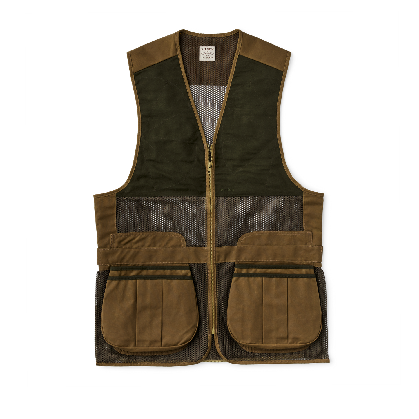 Front-facing image of the Filson Lightweight Shooting Vest - Dark Tan