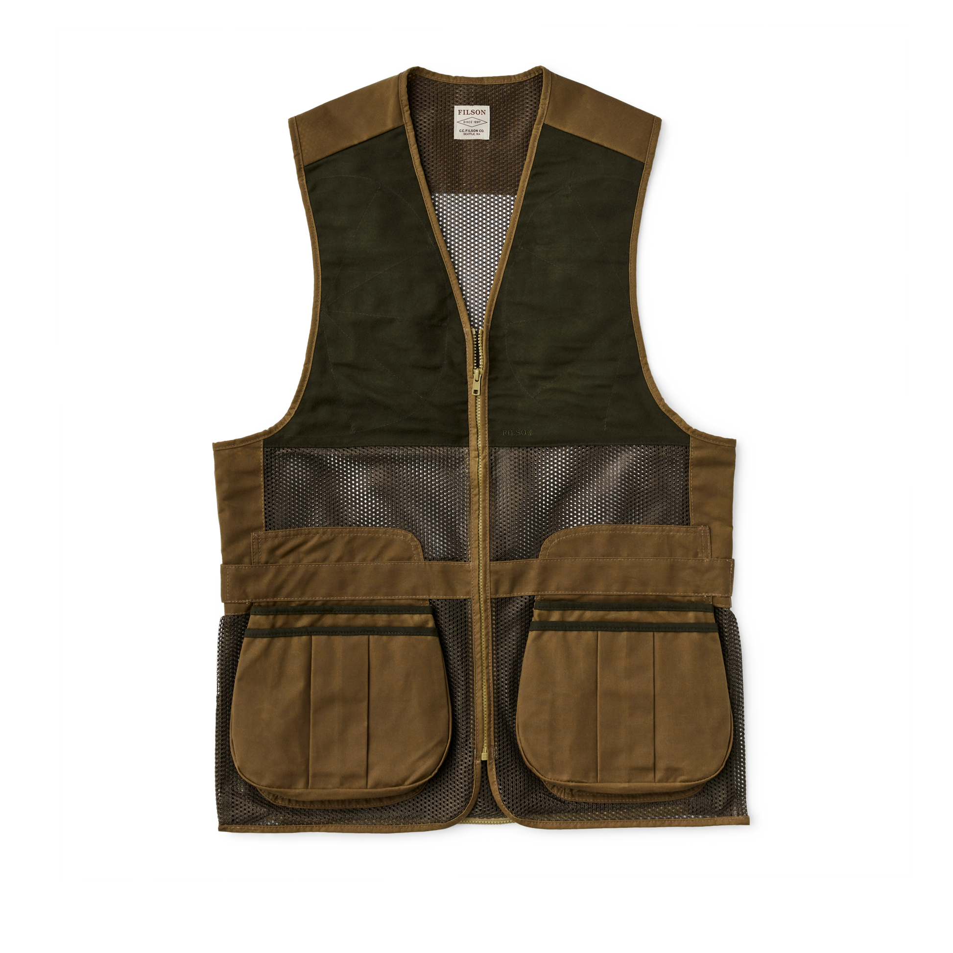 Front-facing image of the Filson Lightweight Shooting Vest - Dark Tan