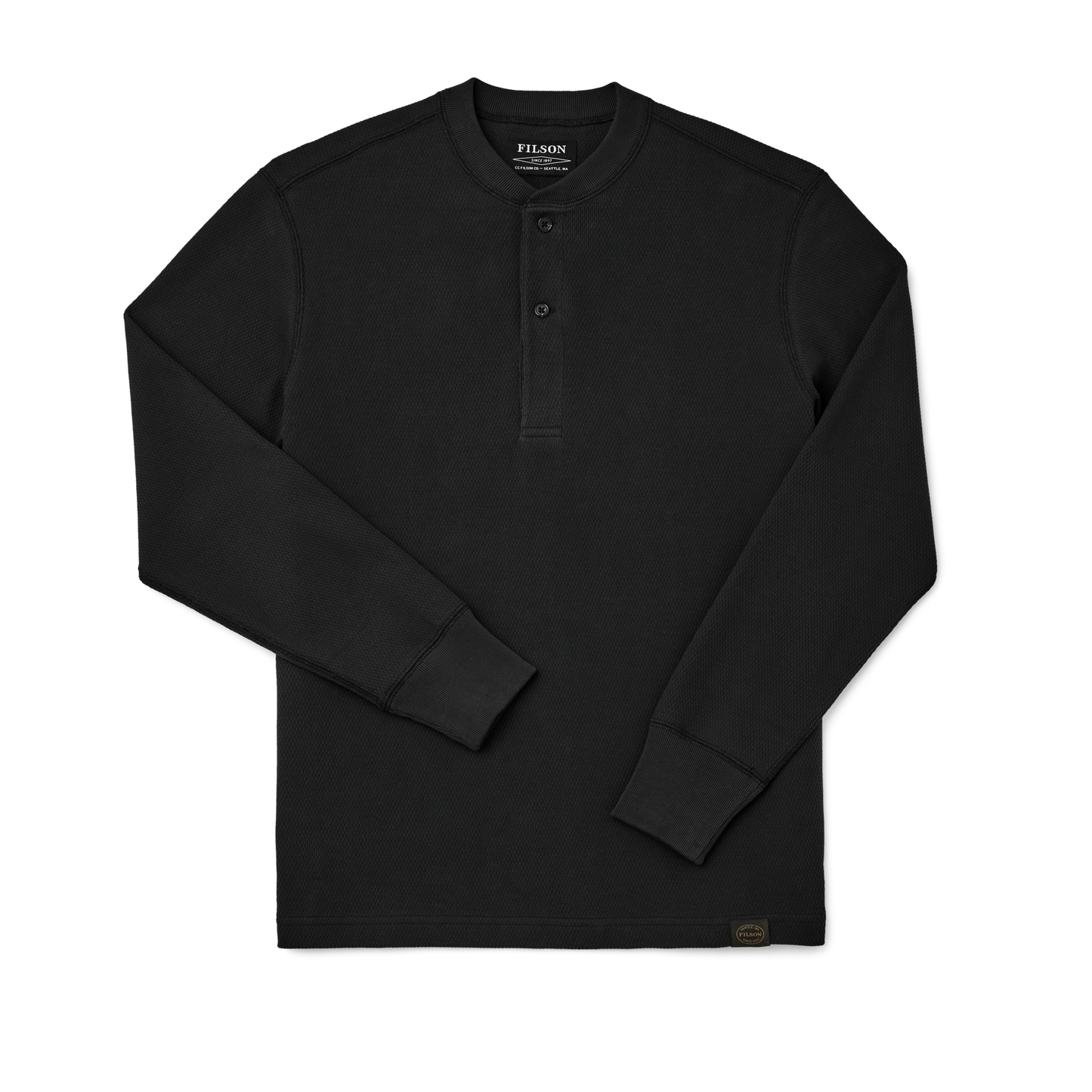 Front-facing image of the Filson Waffle Knit Henley - Faded Black