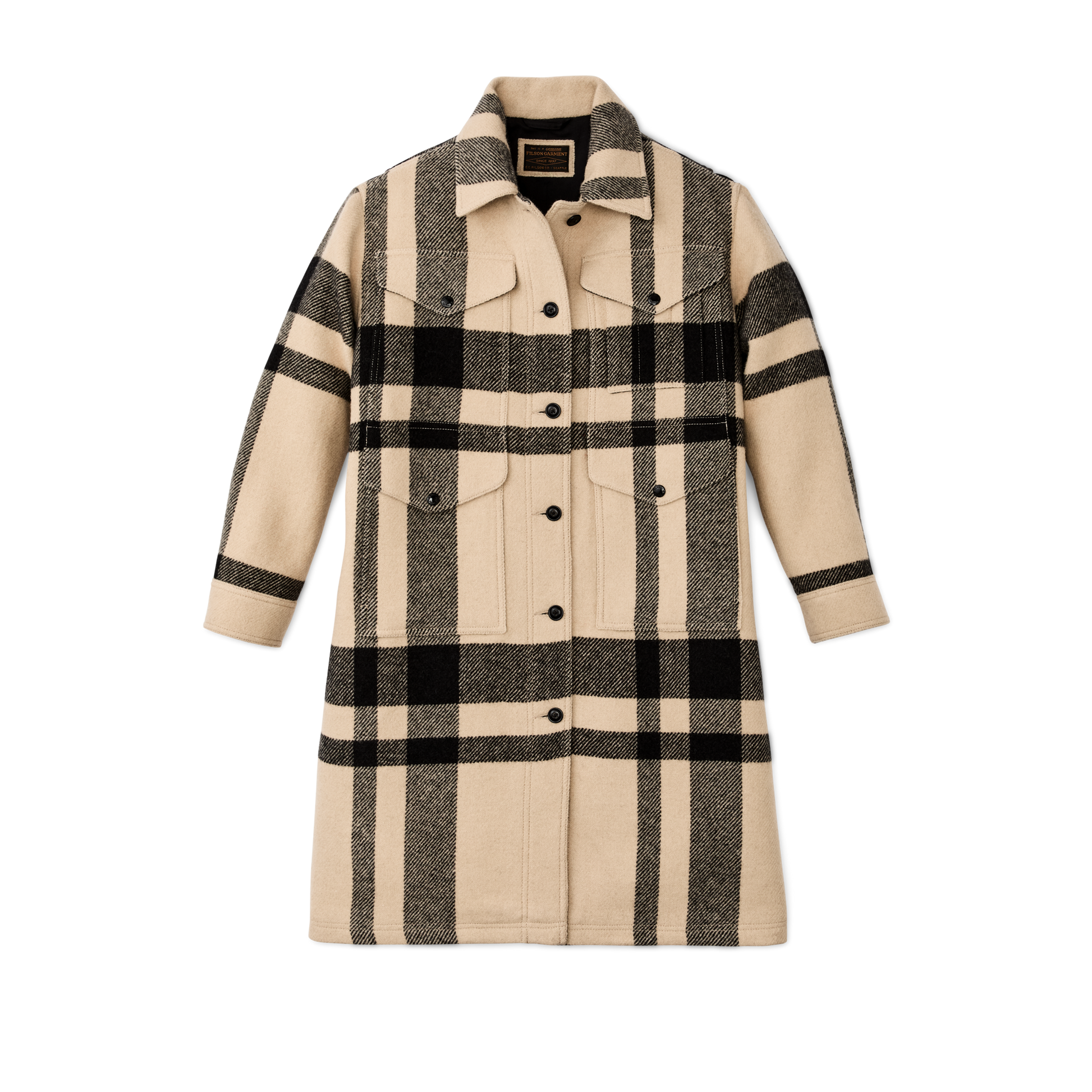 Front-facing image of the Filson Women's Wool Long Cruiser Coat - Natural / Black Plaid