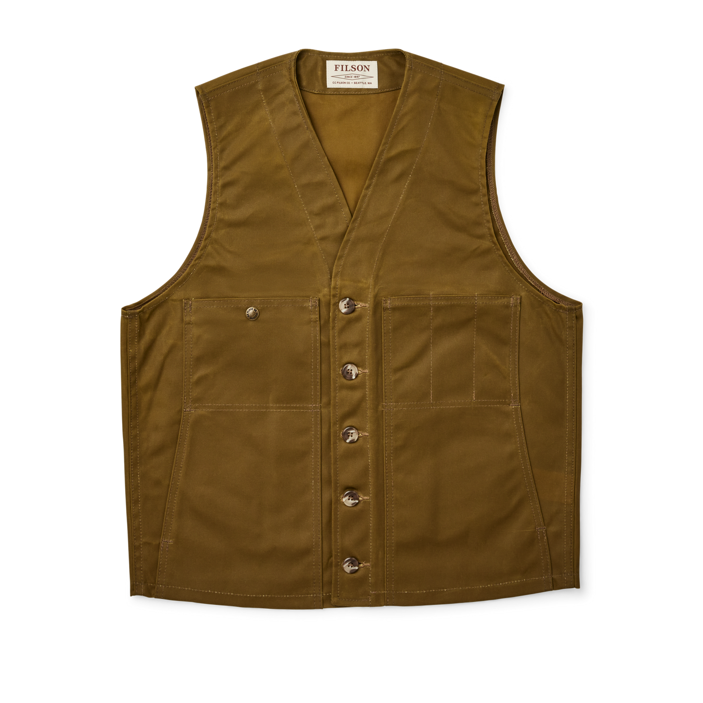 Front-facing image of the Filson Oil Tin Cloth Vest - Dark Tan