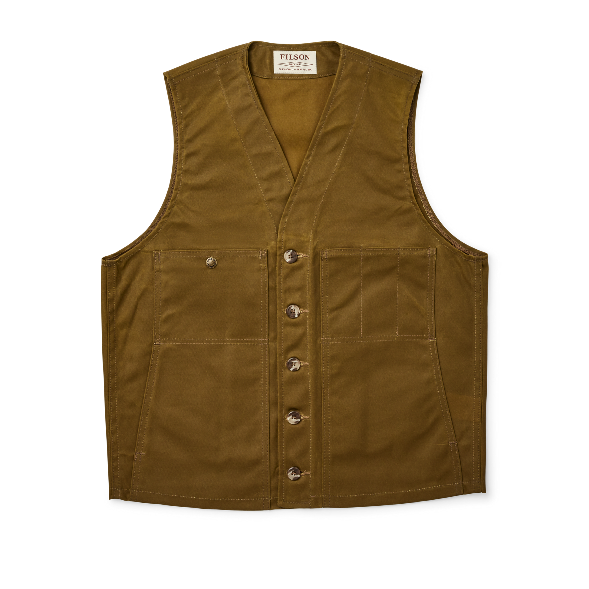 Front-facing image of the Filson Oil Tin Cloth Vest - Dark Tan