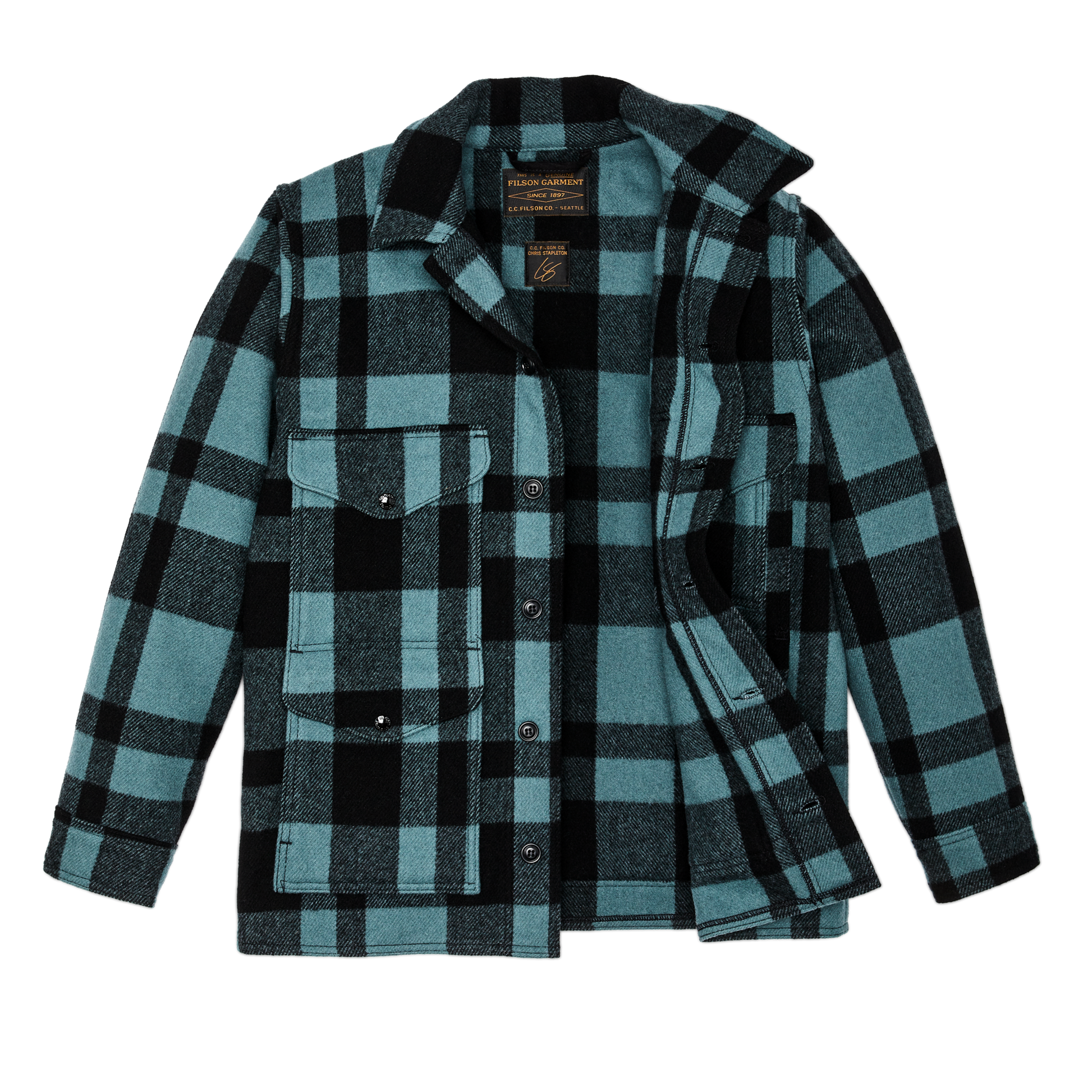 Alternate view of the Filson Chris Stapleton Signature Mackinaw Wool Cruiser - Faded Blue / Black Heritage Plaid