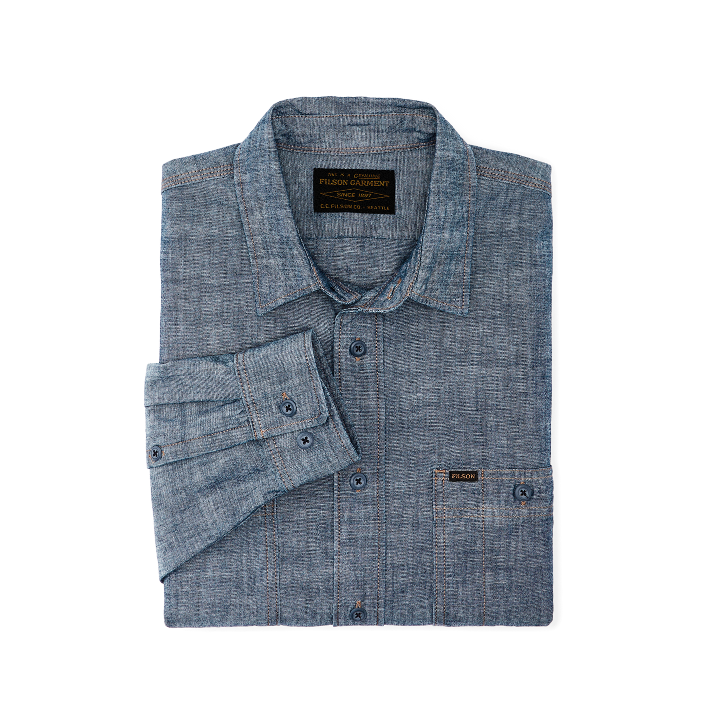 alternate image of filson's chambray cpo shirt, a men's long sleeve shirt constructed in denim, shown in rinsed indigo chambray