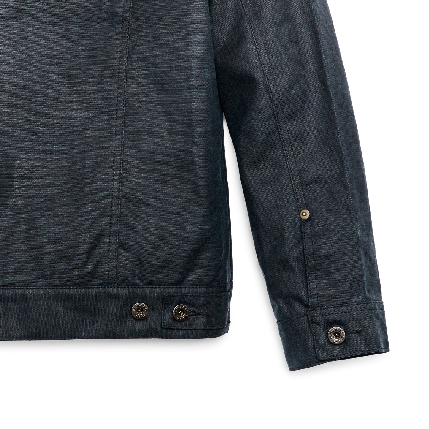 Alternate view of the Filson Tin Cloth Short Lined Cruiser Jacket - Service Blue|Metal shank-button front cuff closures