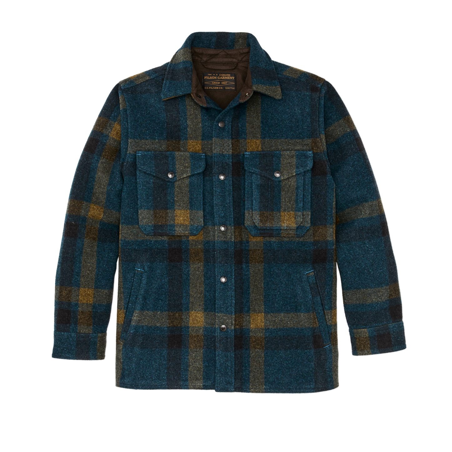 Front-facing image of the Filson Lined Mackinaw Wool Jac-shirt - Teal / Ochre Plaid