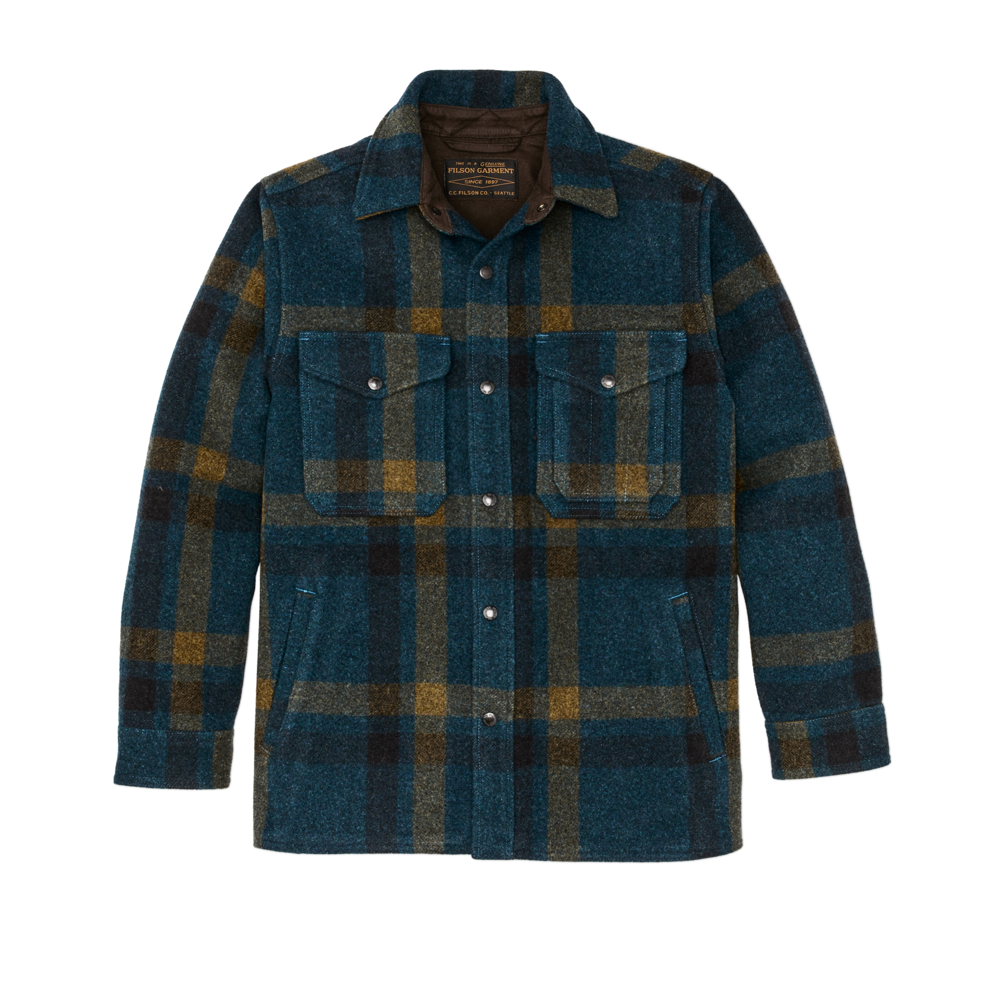 Front-facing image of the Filson Lined Mackinaw Wool Jac-shirt - Teal / Ochre Plaid