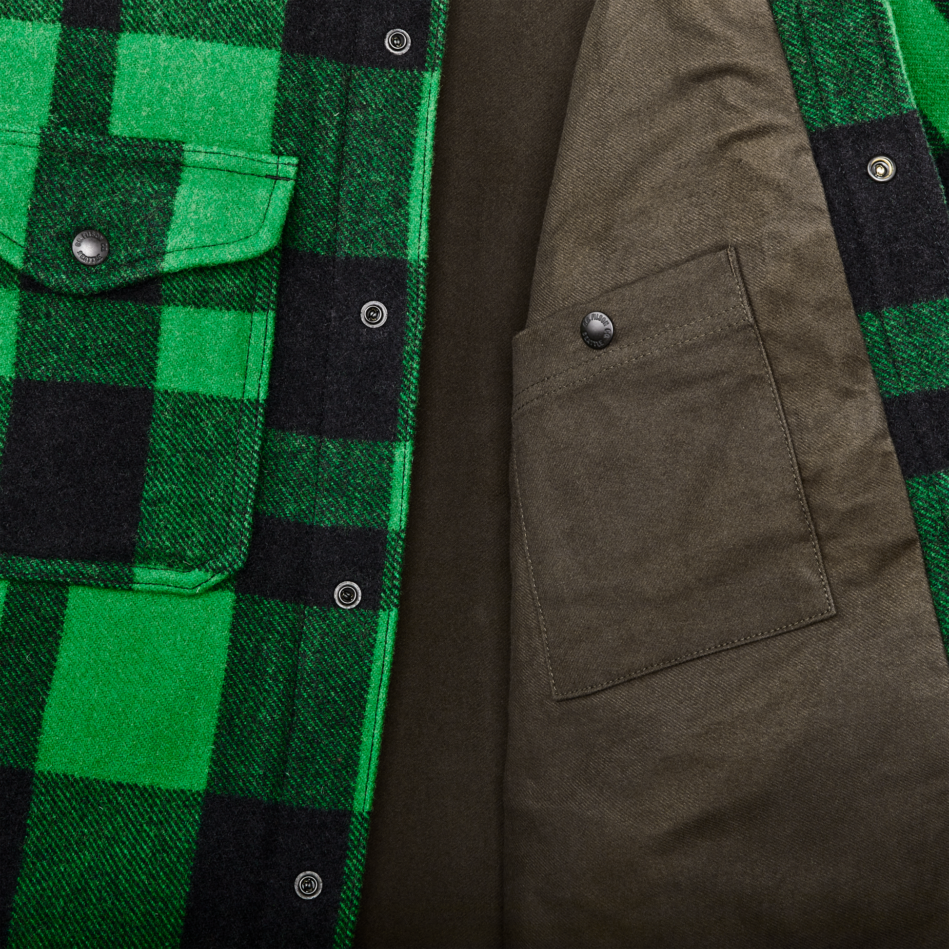 Alternate view of the Filson Lined Mackinaw Wool Jac Shirt - Acid Green / Black Heritage Plaid X