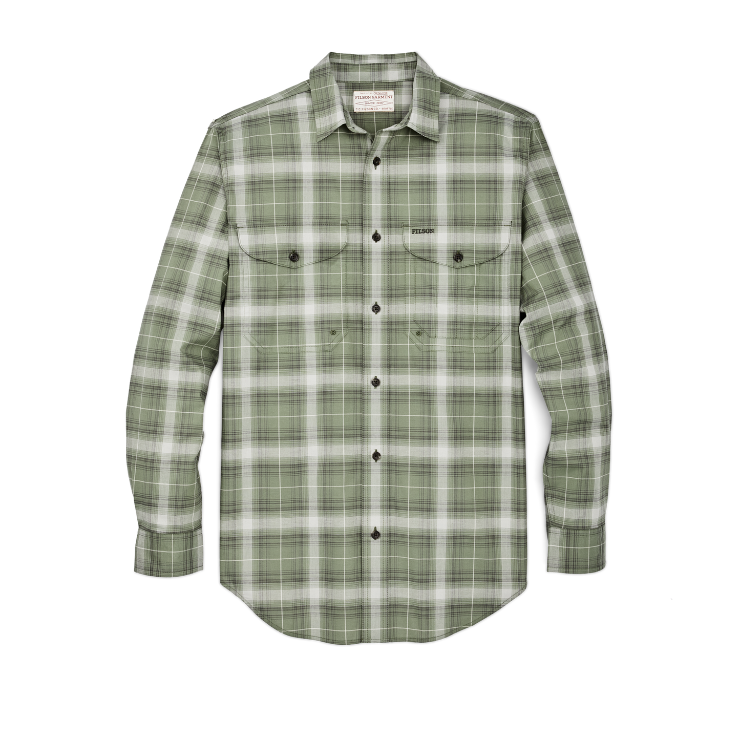 Front-facing image of the Filson Twin Lakes Sport Shirt - Green / Gray Ombre Plaid