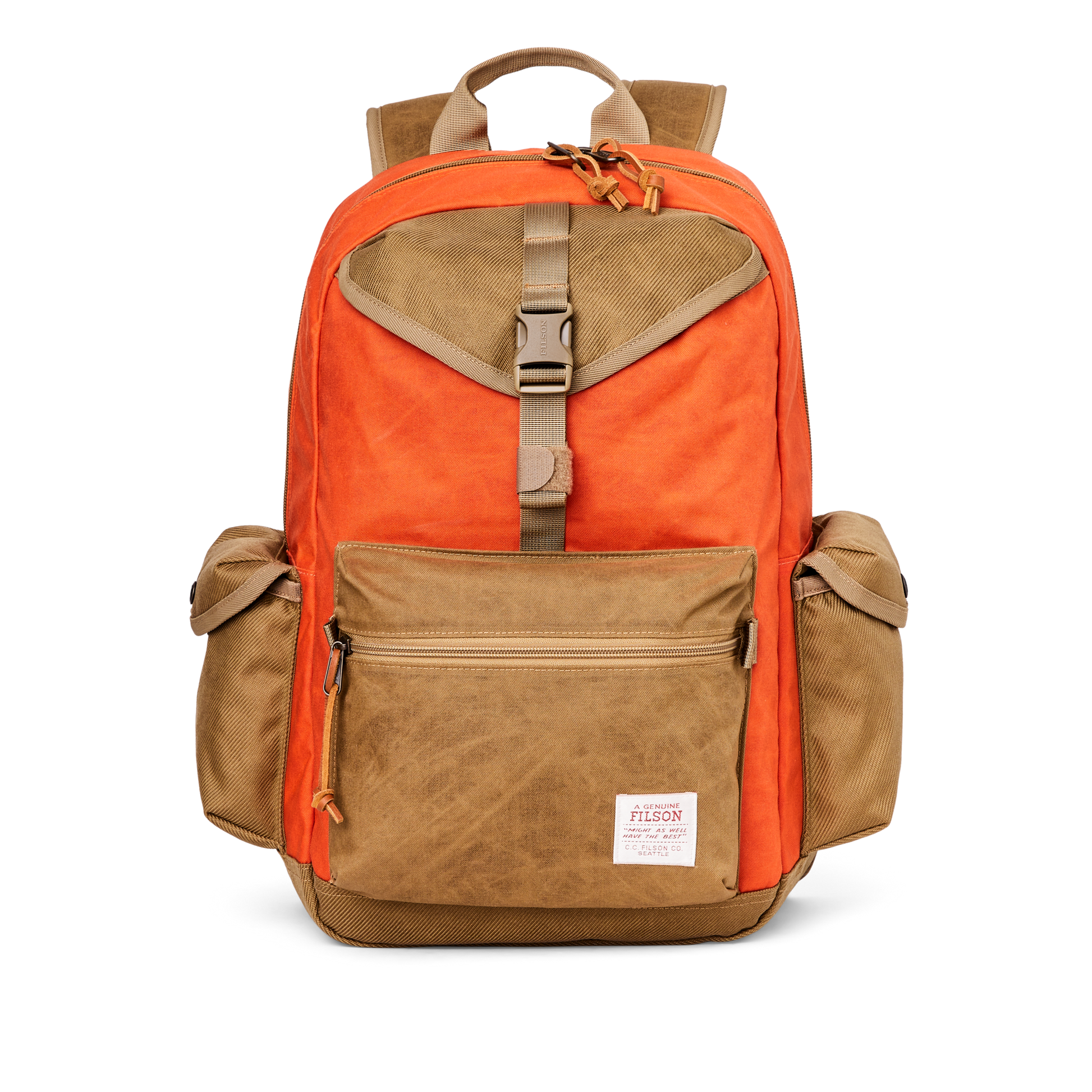 Front-facing image of the Filson Surveyor 36l Backpack - Dark Tan / Flame