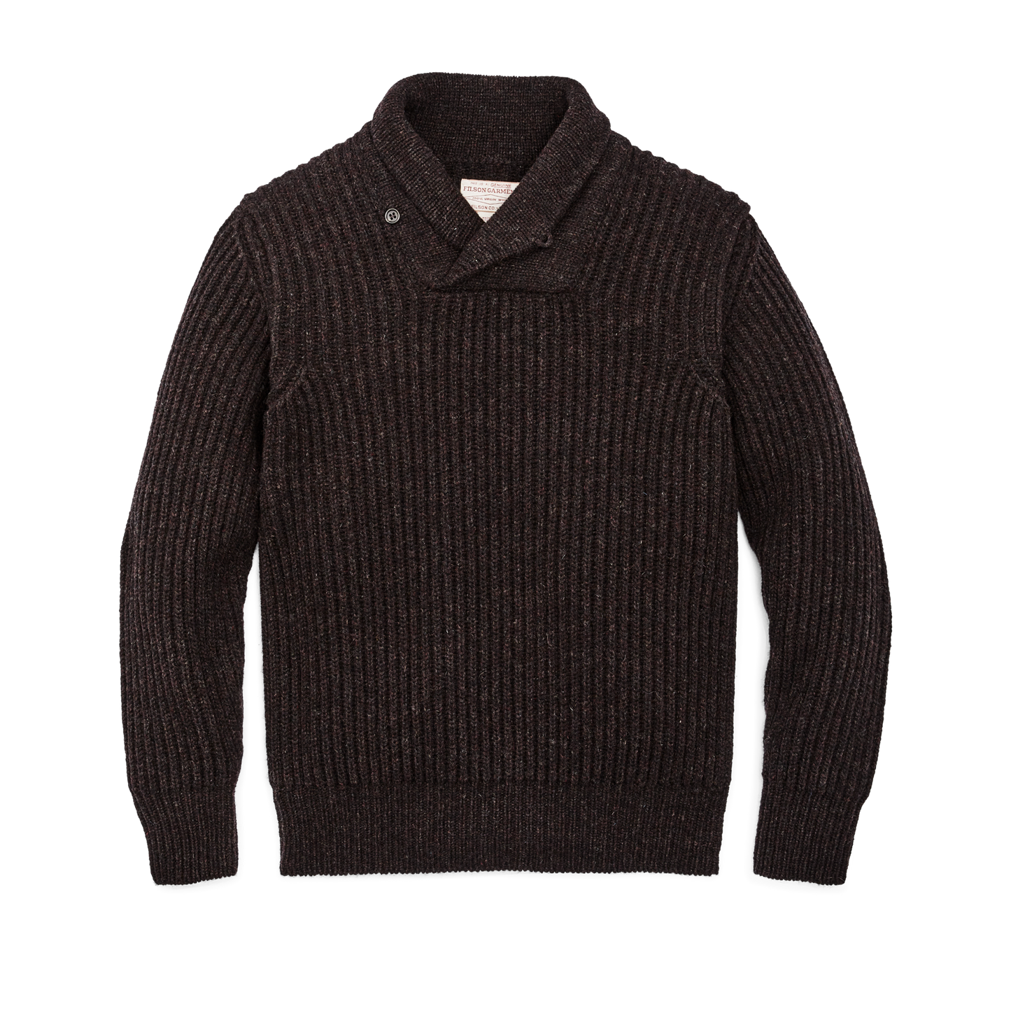 Front-facing image of the Filson Bristol Shawl Neck Sweater  - Dark Brown Heather