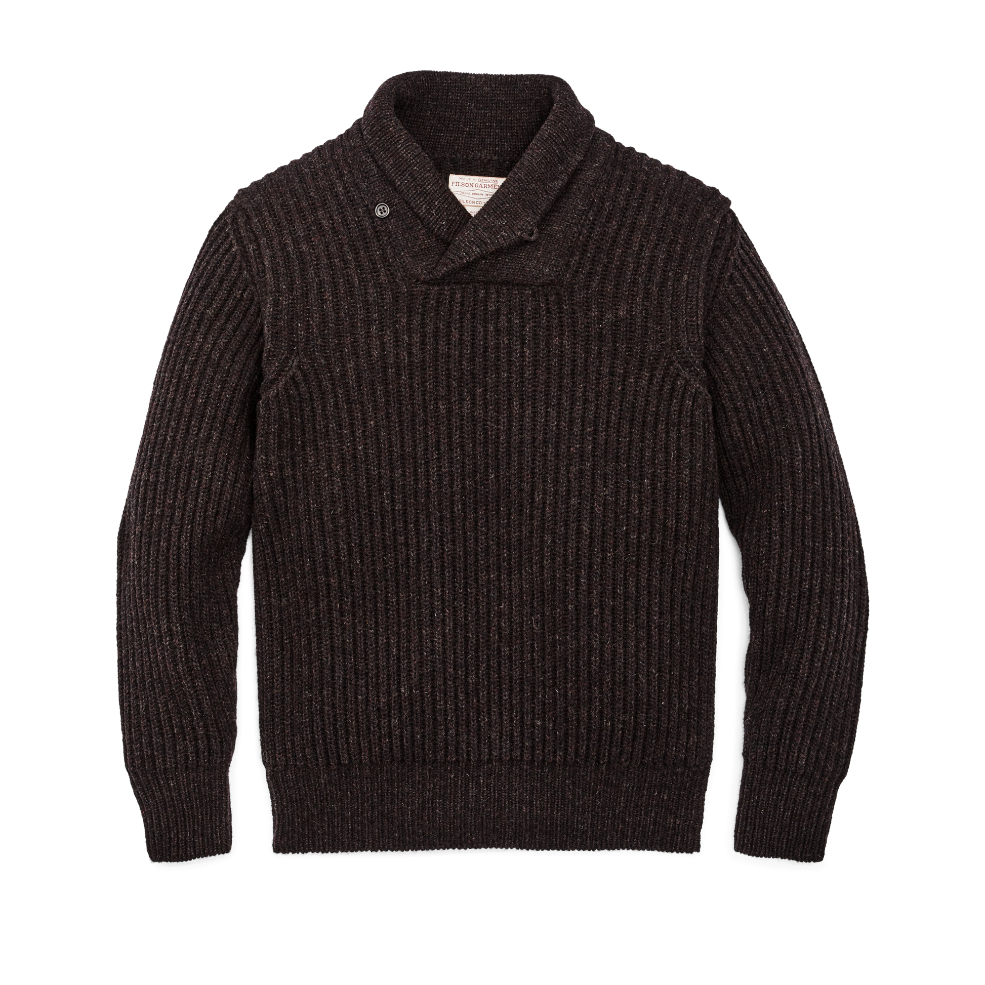 Front-facing image of the Filson Bristol Shawl Neck Sweater  - Dark Brown Heather