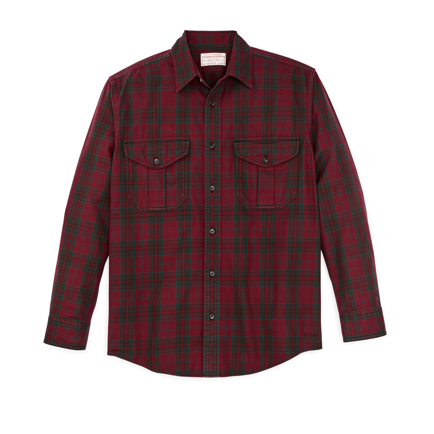 Front-facing image of the Filson Lightweight Alaskan Guide Shirt - Green / Red Plaid