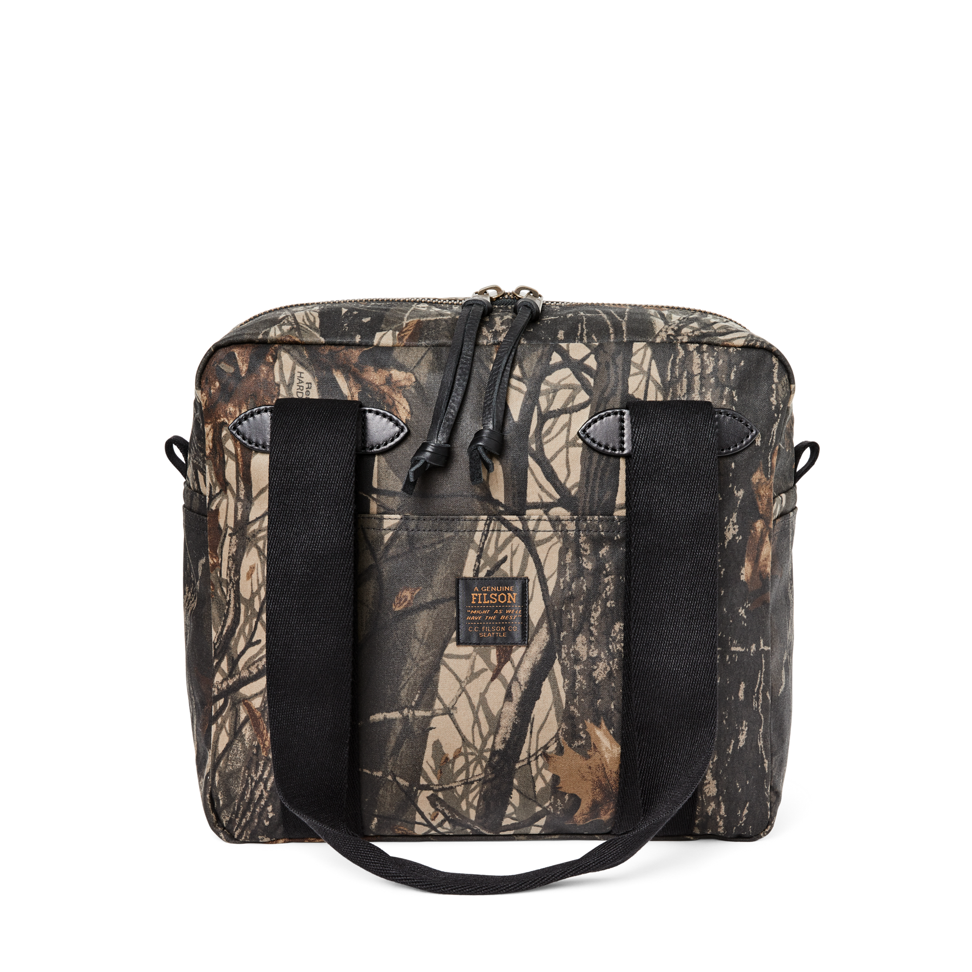 Front-facing image of the Filson Tin Cloth Zipper Tote Bag - Realtree Hardwoods Camo