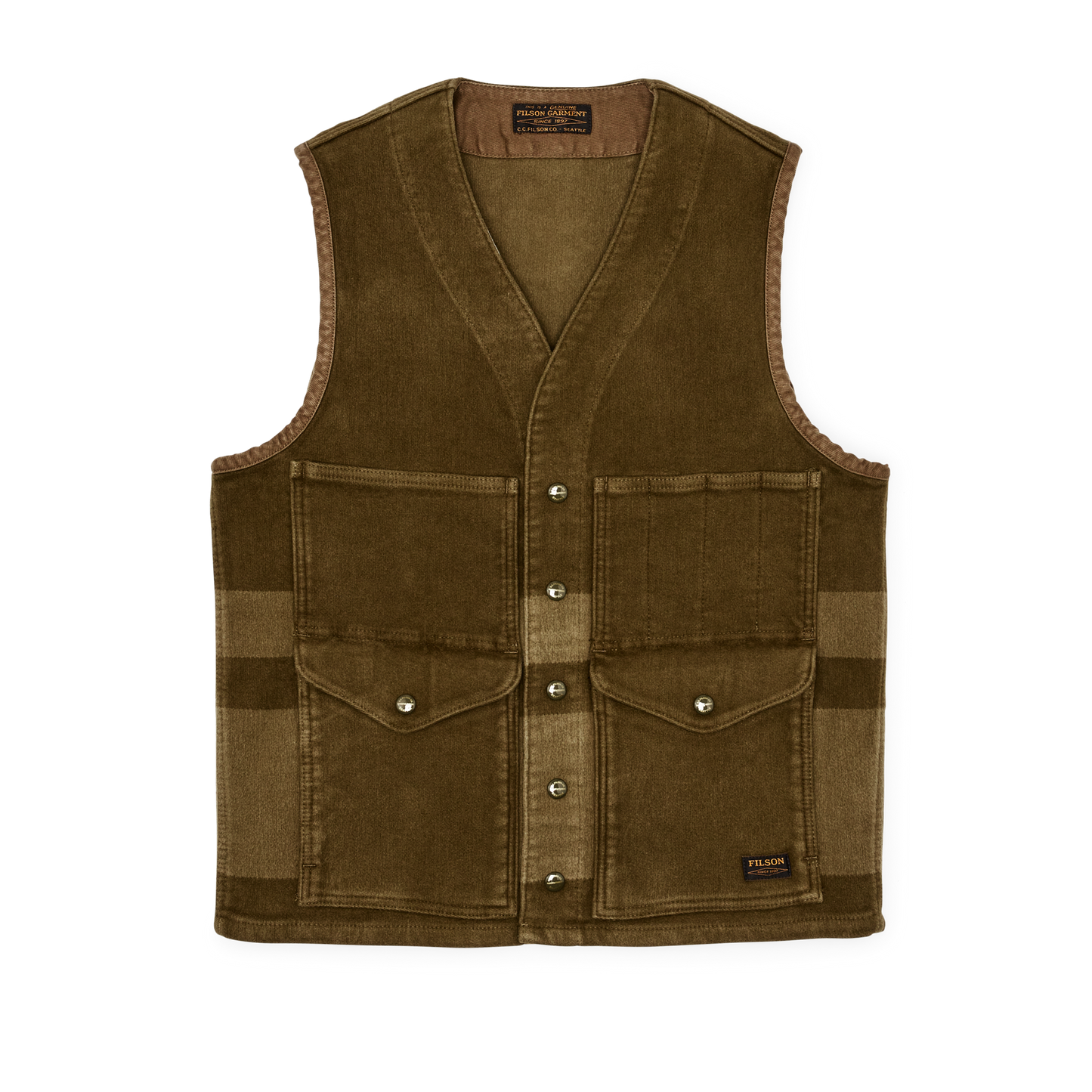 Front-facing image of the Filson Beartooth Cruiser Vest - Marsh Olive Blanket Stripe