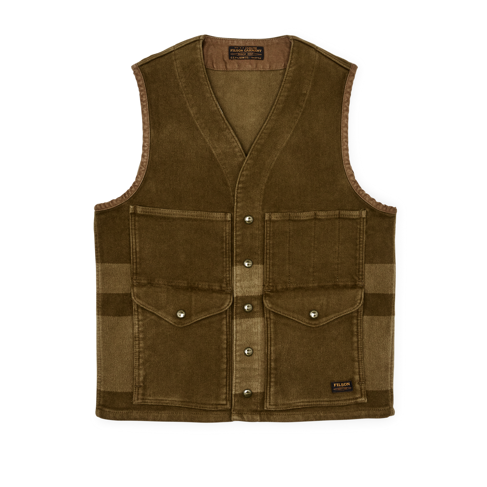 Front-facing image of the Filson Beartooth Cruiser Vest - Marsh Olive Blanket Stripe