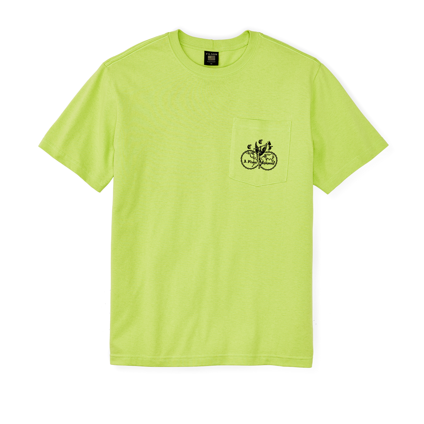 Front-facing image of the Filson Pioneer Graphic T-shirt - Laser Green / Union