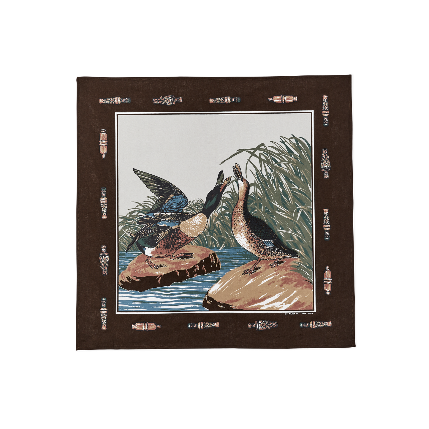 Front-facing image of the Filson Mallards Bandana - Brown / Duck Calls