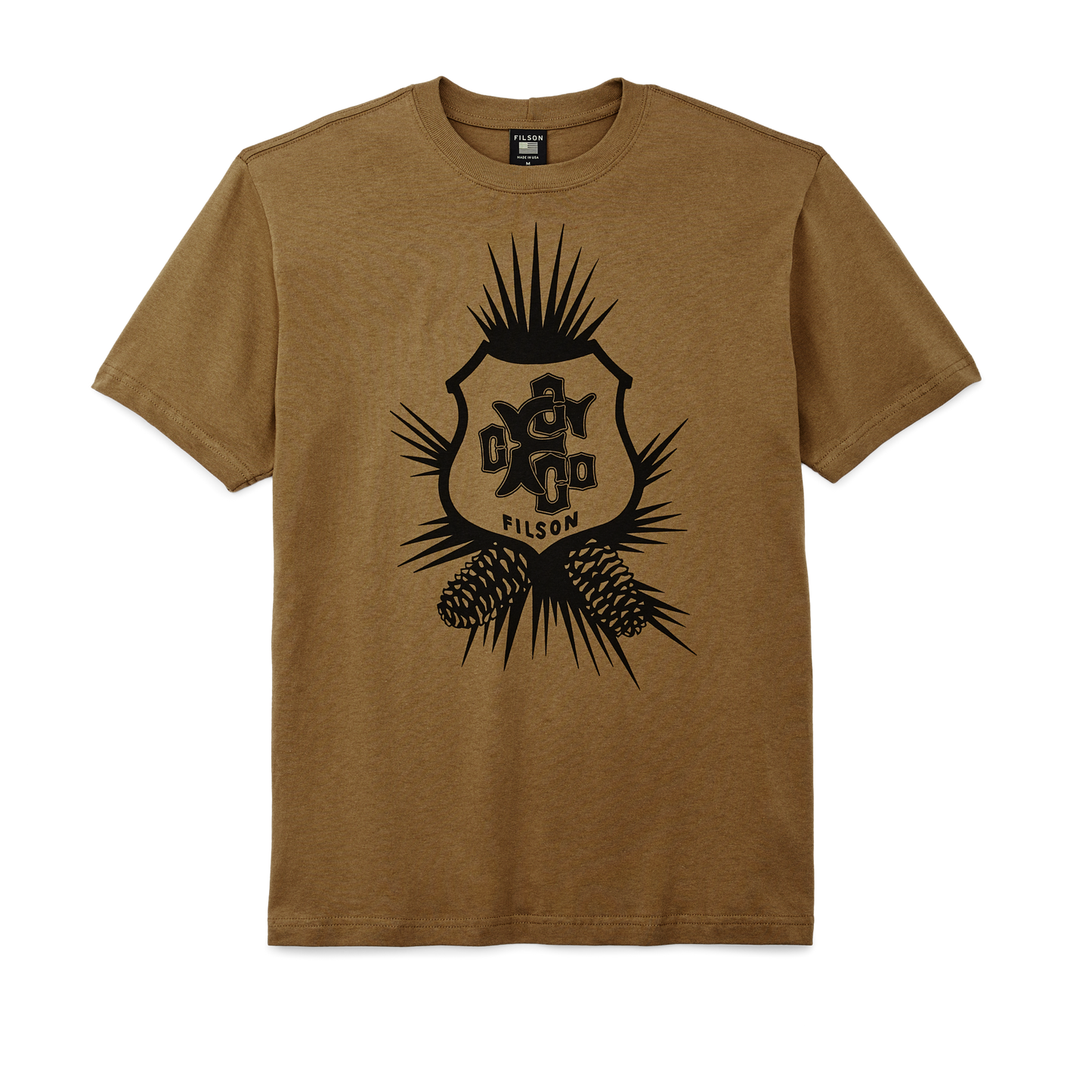 Front-facing image of the Filson Pioneer Graphic T-shirt - Pinecone Batallion / Gold