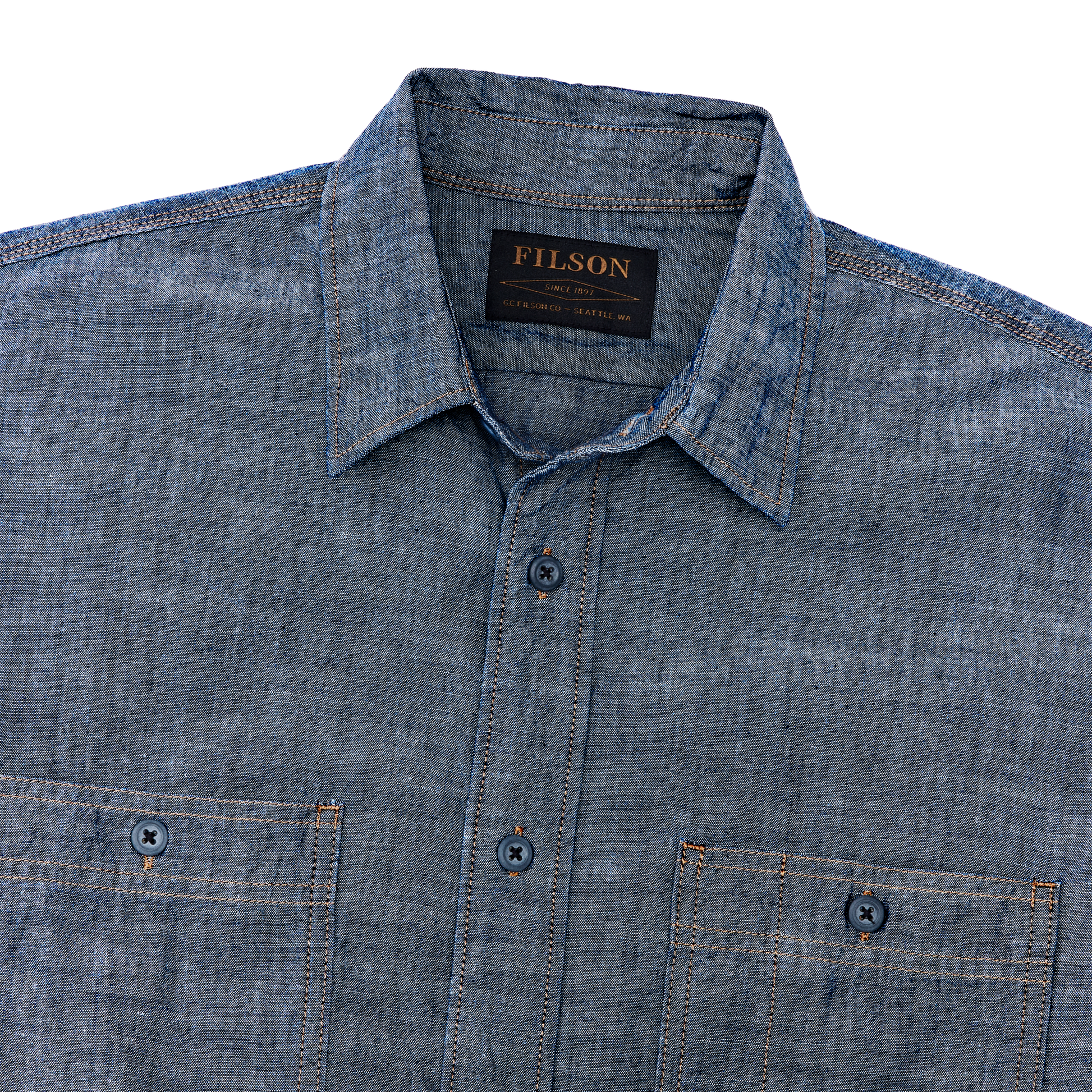 alternate image of filson's chambray cpo shirt, a men's long sleeve shirt constructed in denim, shown in rinsed indigo chambray