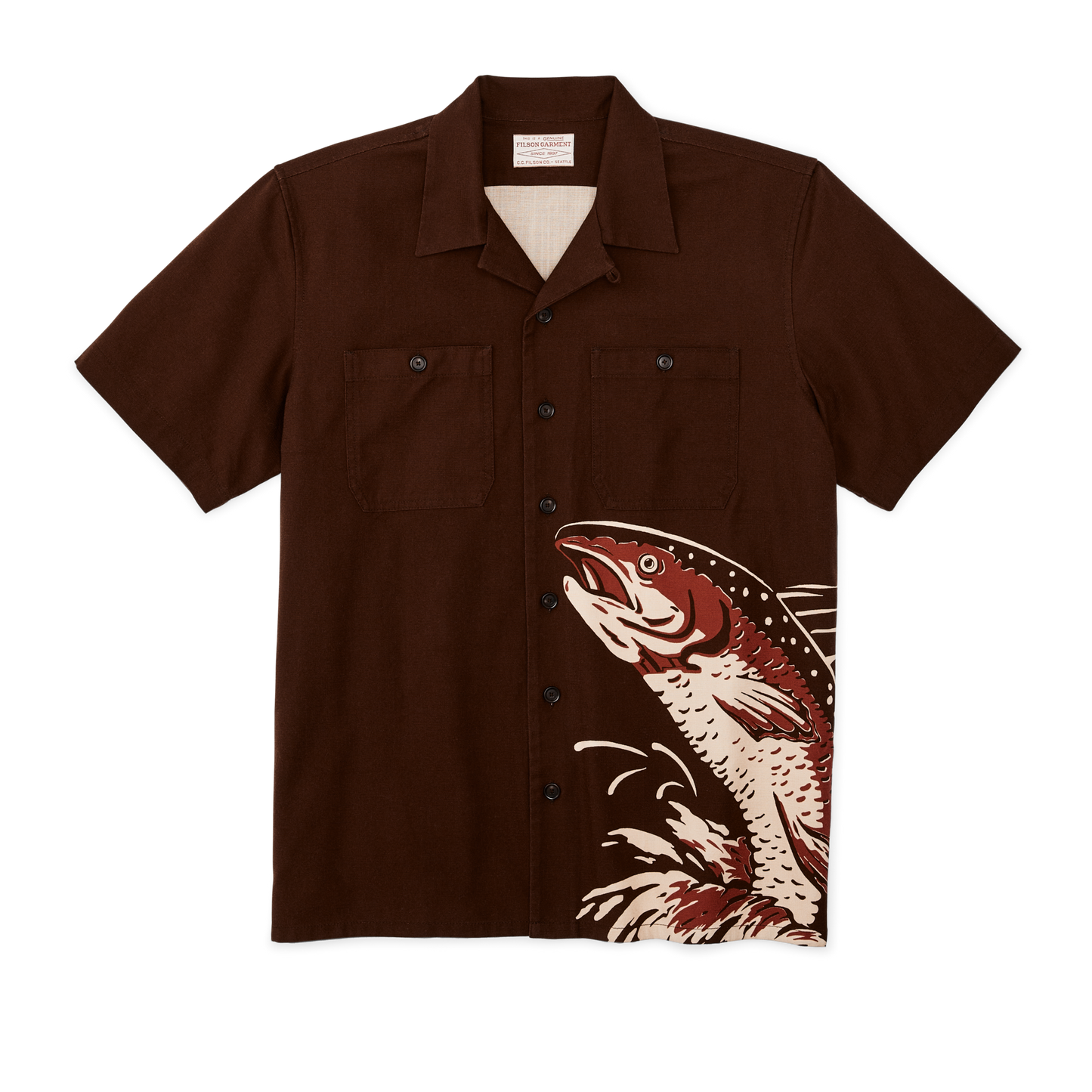 Front-facing image of the Filson Rustic Short Sleeve Camp Shirt - Brown / Trout