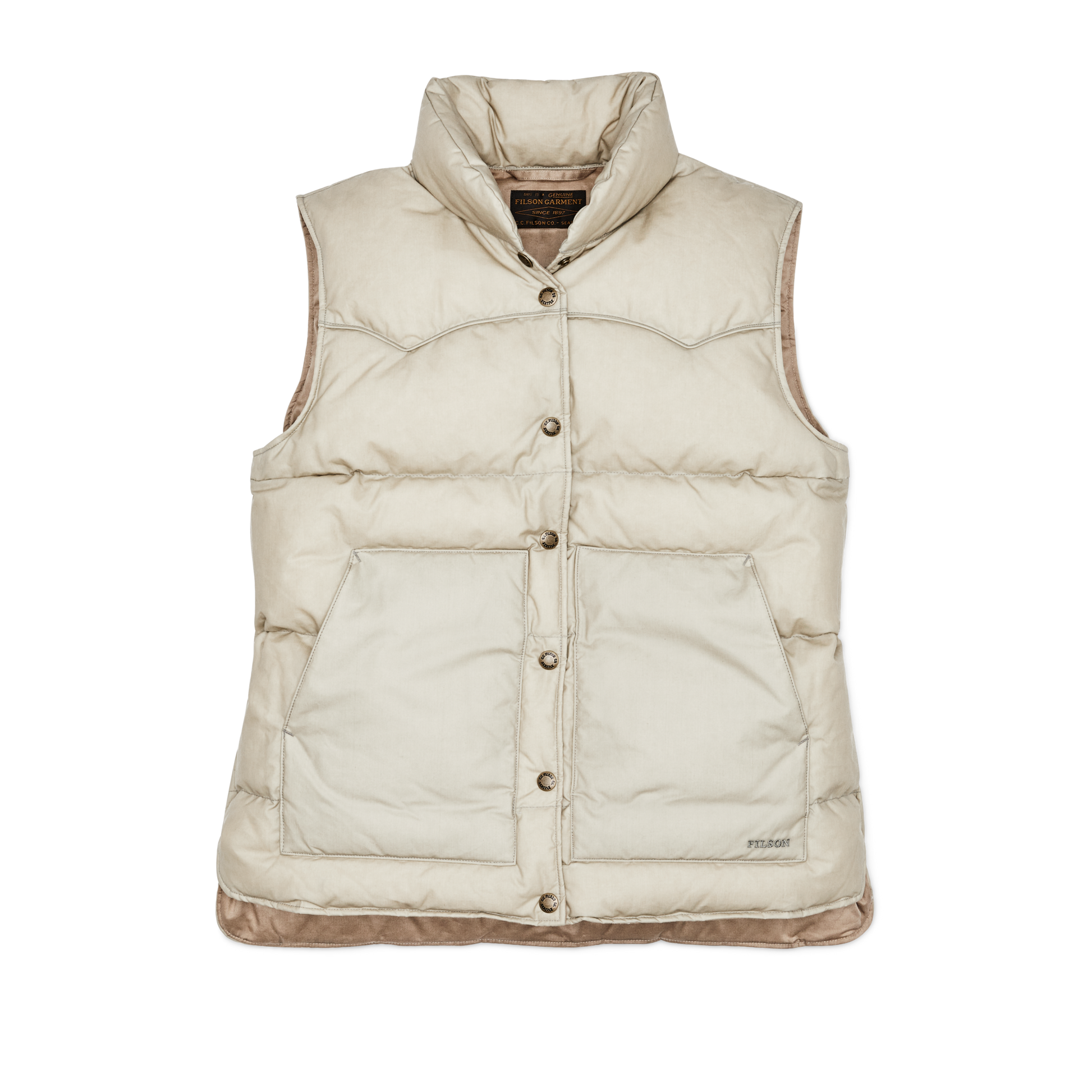 Front-facing image of the Filson Women's Waxed Down Vest - Light Tan