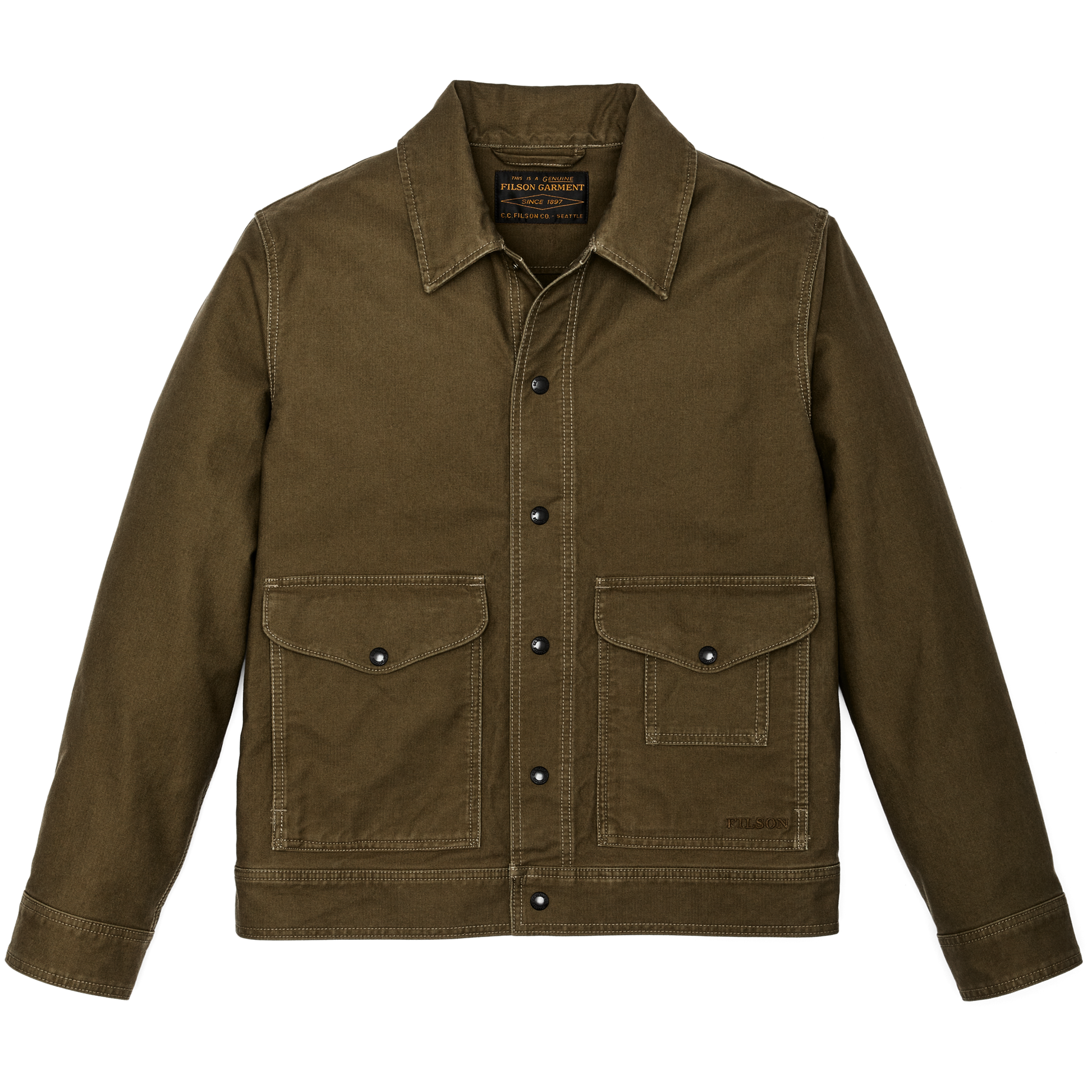 Front-facing image of the Filson Jungle Cloth Work Jacket - Dark Olive