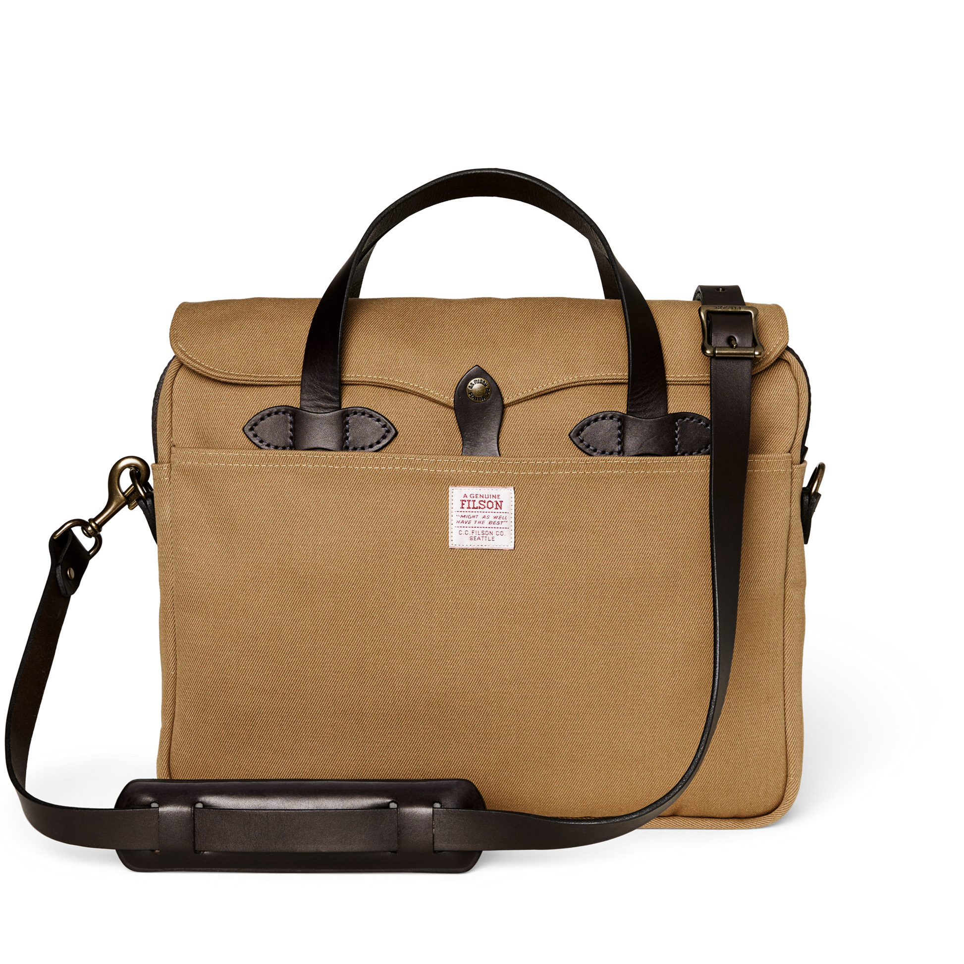 Front-facing image of the Filson Rugged Twill Original Briefcase - Tan