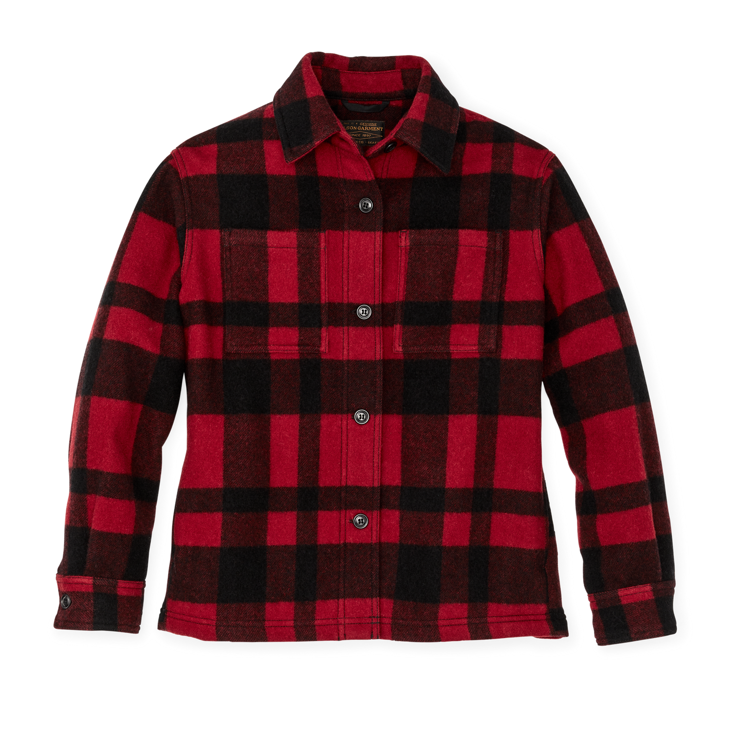 Front-facing image of the Filson Women's Wool Overshirt - Red / Black Plaid