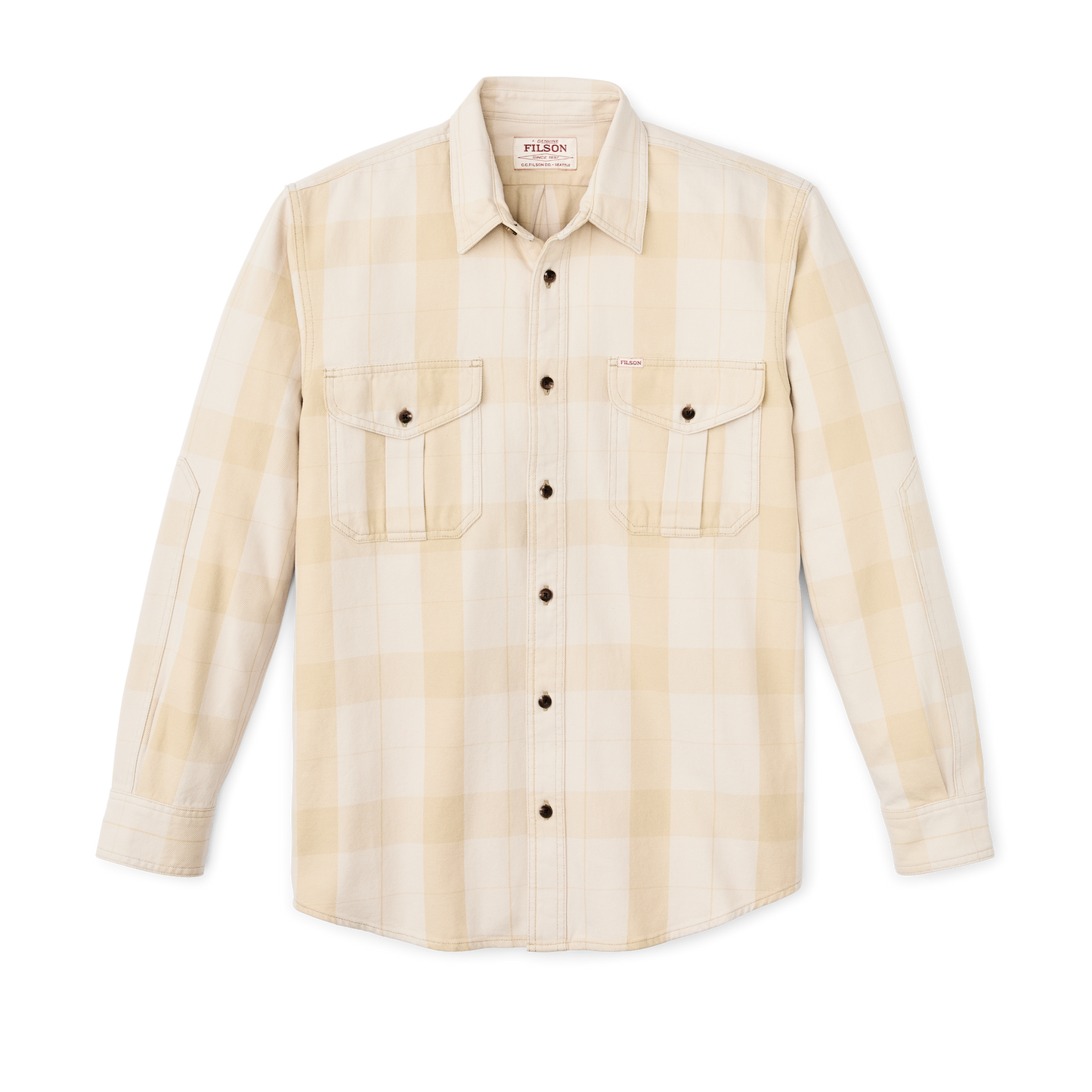 Front-facing image of the Filson Vintage Wash Alaskan Guide Shirt - Light Gray / Khaki Plaid