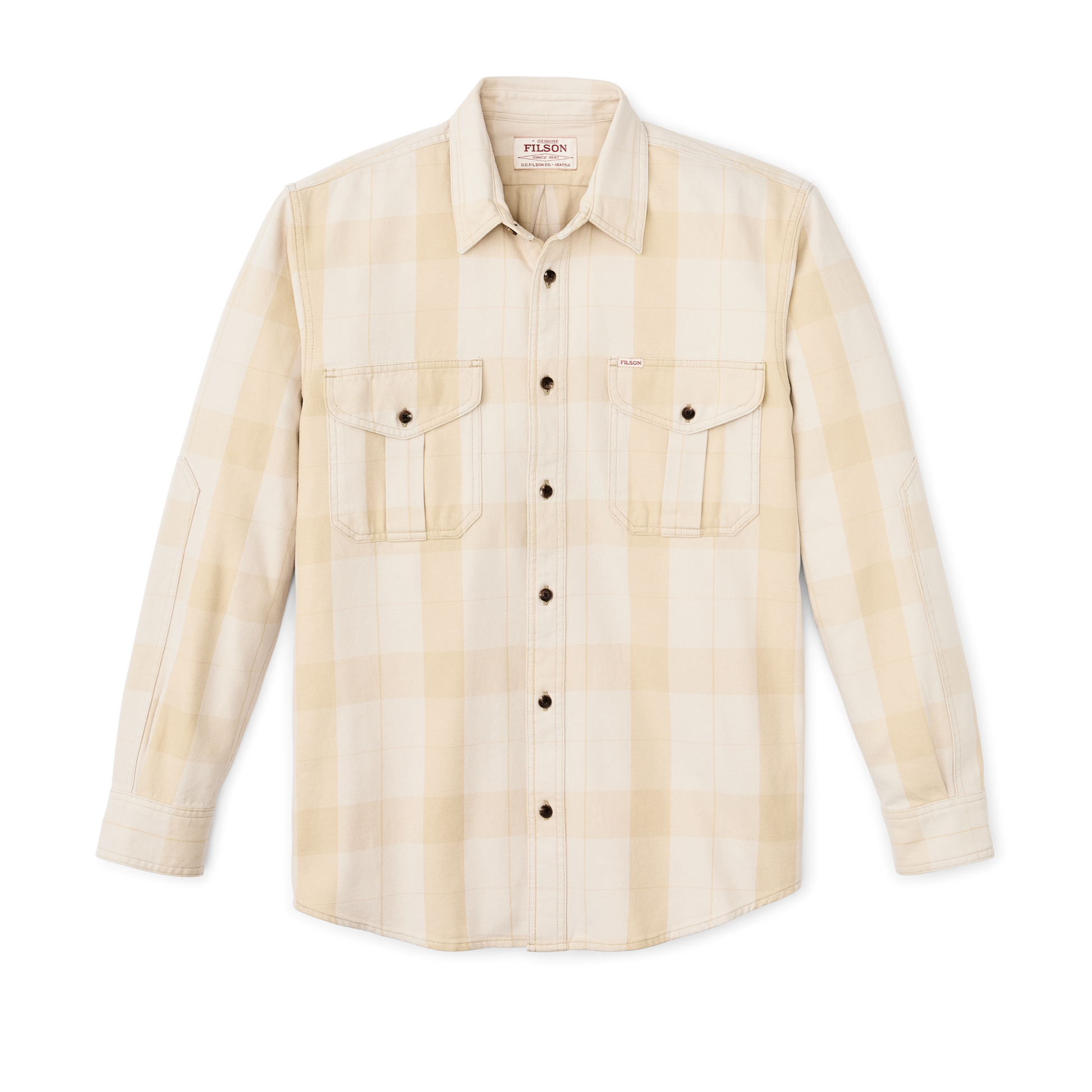 Front-facing image of the Filson Vintage Wash Alaskan Guide Shirt - Light Gray / Khaki Plaid