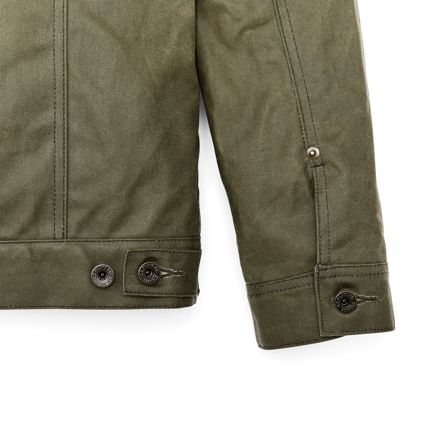 Alternate view of the Filson Tin Cloth Short Lined Cruiser Jacket - Military Green|Metal shank-button front cuff closures