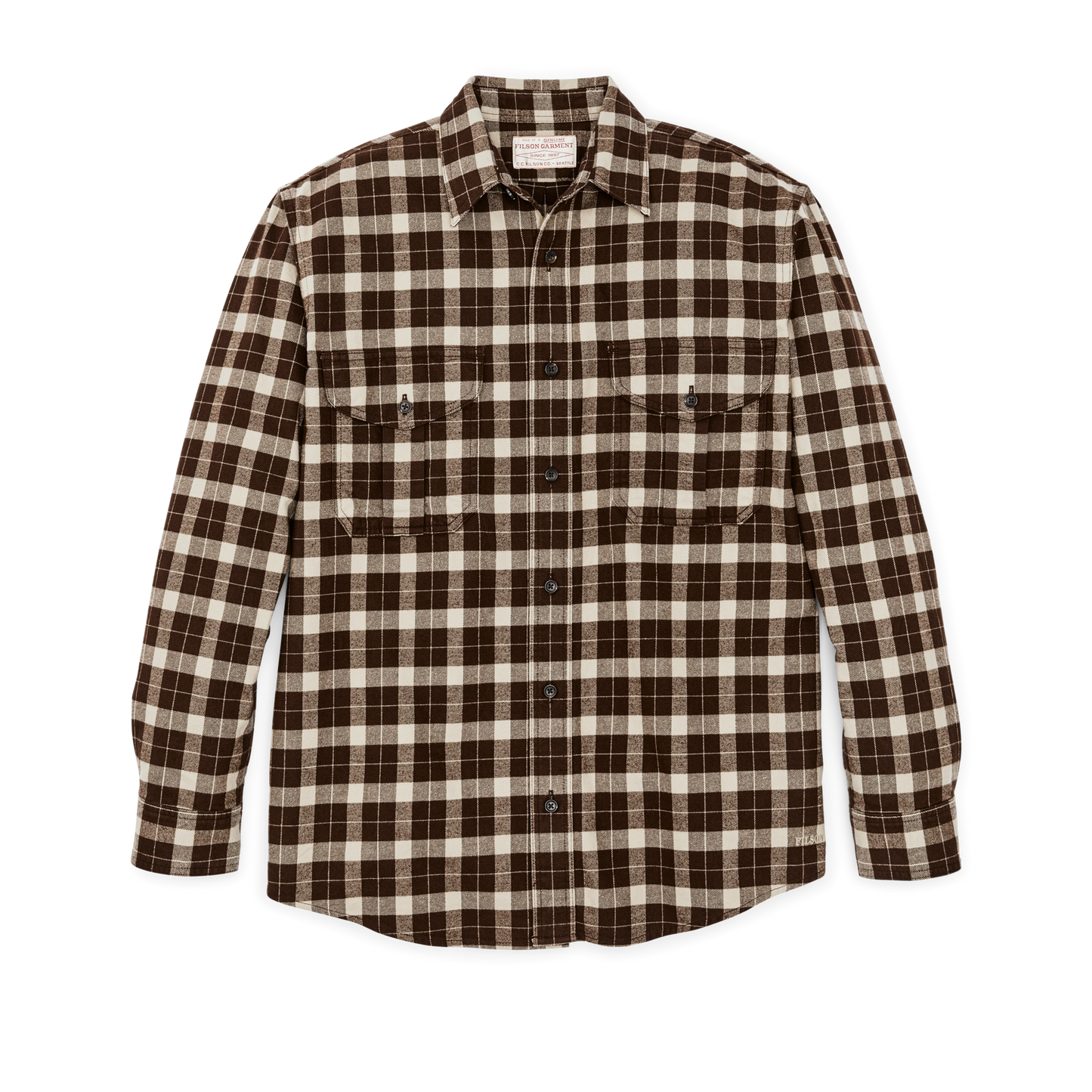 Front-facing image of the Filson Alaskan Guide Shirt - Brown / Cream Plaid